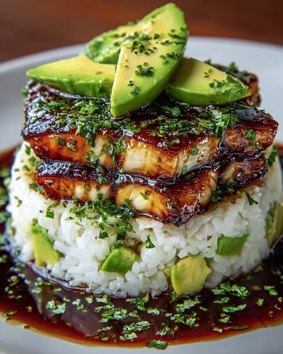 The dish is presented as a three-layer stack on a white plate with a white marbled surface. The bottom layer is a round base of white sticky rice mixed with small green avocado chunks, giving it a soft and slightly chunky texture. Above that, there are three thick layers of grilled fish with a shiny, dark brown glaze that looks rich and sticky. The fish layers are garnished with finely chopped green herbs sprinkled all over. On the very top, two slices of bright green avocado wedges are placed with more herbs for decoration. Around the base, a dark brown sauce pools slightly with scattered chopped herbs. Photo taken with an iphone --ar 4:5 --v 7