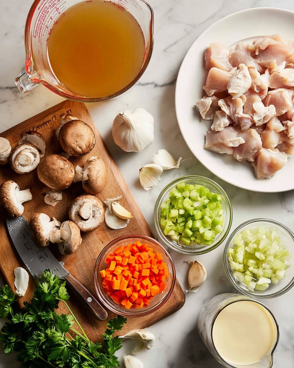 The image shows ingredients for cooking neatly arranged on a white marbled surface. In the top left, there is a clear measuring cup filled with amber-colored broth. On the right, a white plate holds chunks of raw chicken with a pale pink color. Below the chicken, three small clear glass bowls contain finely chopped orange carrots, light green celery, and white onions. In the lower left corner, a wooden cutting board holds several brown mushrooms, some whole and some sliced, along with garlic cloves and a small knife with a wooden handle placed diagonally across the board. A sprig of fresh parsley with dark green leaves is placed near the bottom center of the image, close to a glass container of creamy white mayonnaise or similar sauce. The overall scene is clean and well-lit, showing fresh and colorful ingredients ready for cooking. photo taken with an iphone --ar 4:5 --v 7