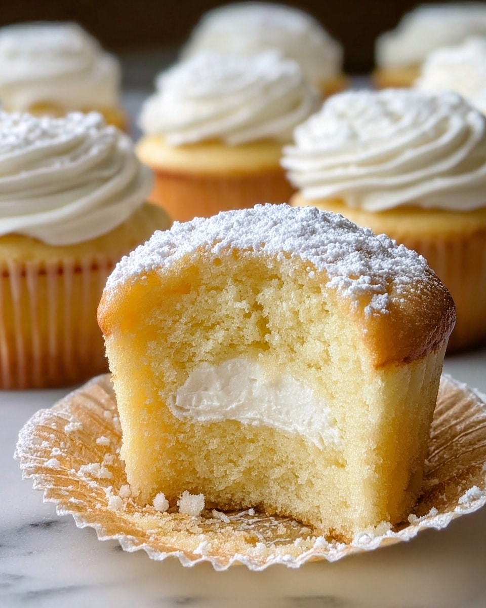 A soft, light yellow cupcake with a layer of white creamy filling inside, topped with a dusting of powdered sugar. The cupcake is open in the front, revealing a fluffy texture inside and a thick cream layer in the middle. Around the main cupcake, several more cupcakes with white frosting on top are arranged on a white marbled surface, all showing a slightly golden-brown top edge. The focus is on the open cupcake in front, with the others softly blurred in the background. photo taken with an iphone --ar 4:5 --v 7