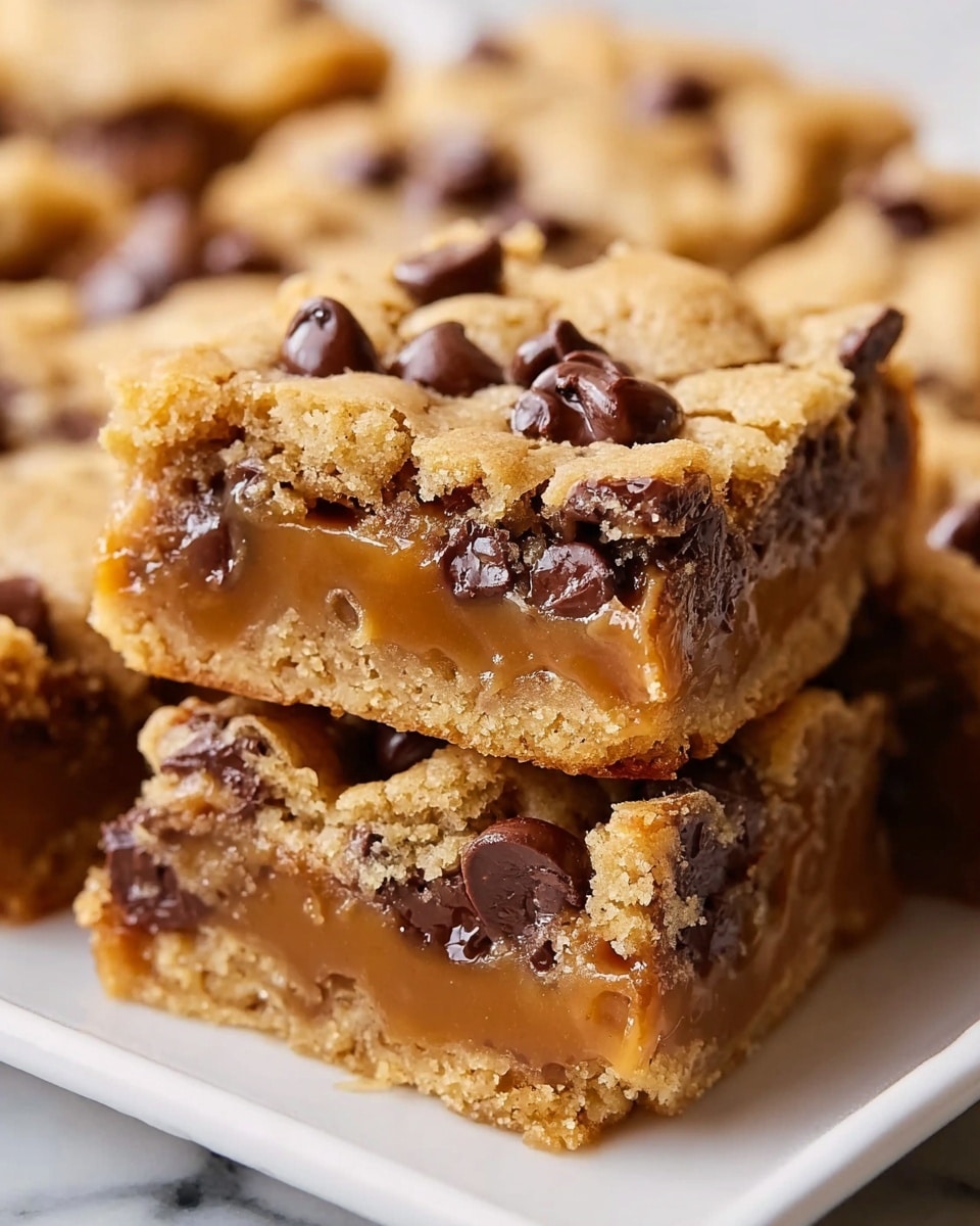 The image shows a close-up of thick square cookie bars on a white tray. Each bar has three visible layers: a golden-brown crumbly cookie top with shiny dark chocolate chips, a thick middle caramel layer with a smooth texture, and a dense cookie base that looks soft with some chocolate chips embedded inside. The top cookie layer has a rough cracked surface, and the chocolate chips are slightly melted. The background is a white marbled texture. photo taken with an iphone --ar 4:5 --v 7