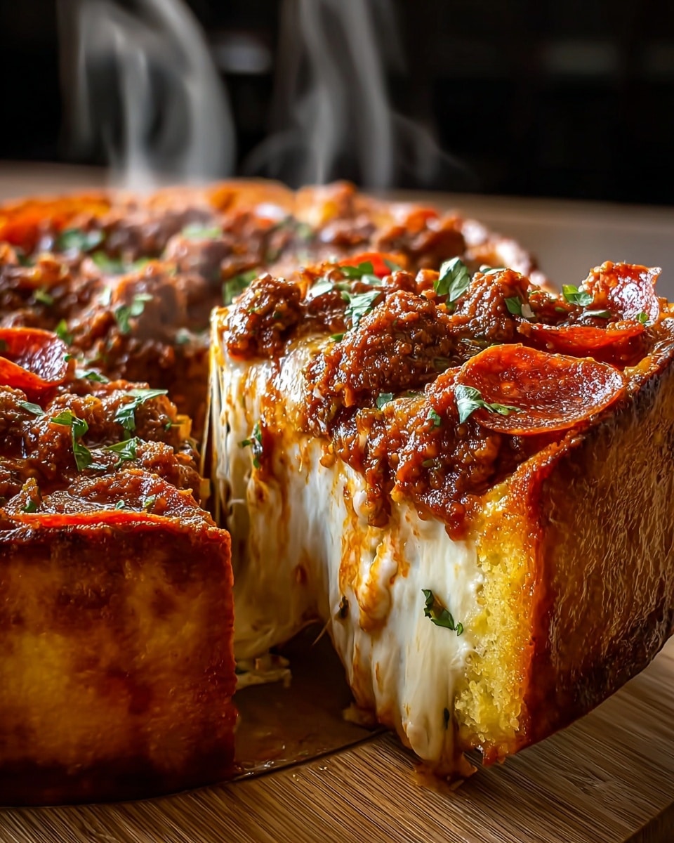 A thick deep-dish pizza with a golden brown crust forms the base layer, topped by a thick layer of melted, gooey white cheese stretching as a slice is pulled away. Above the cheese is a rich, chunky brown meat sauce, dotted with bright red pepperoni slices and sprinkled with small bits of green herbs. Steam rises softly from the hot pizza, and it rests on a wooden surface with a blurred dark background behind it. Photo taken with an iphone --ar 4:5 --v 7
