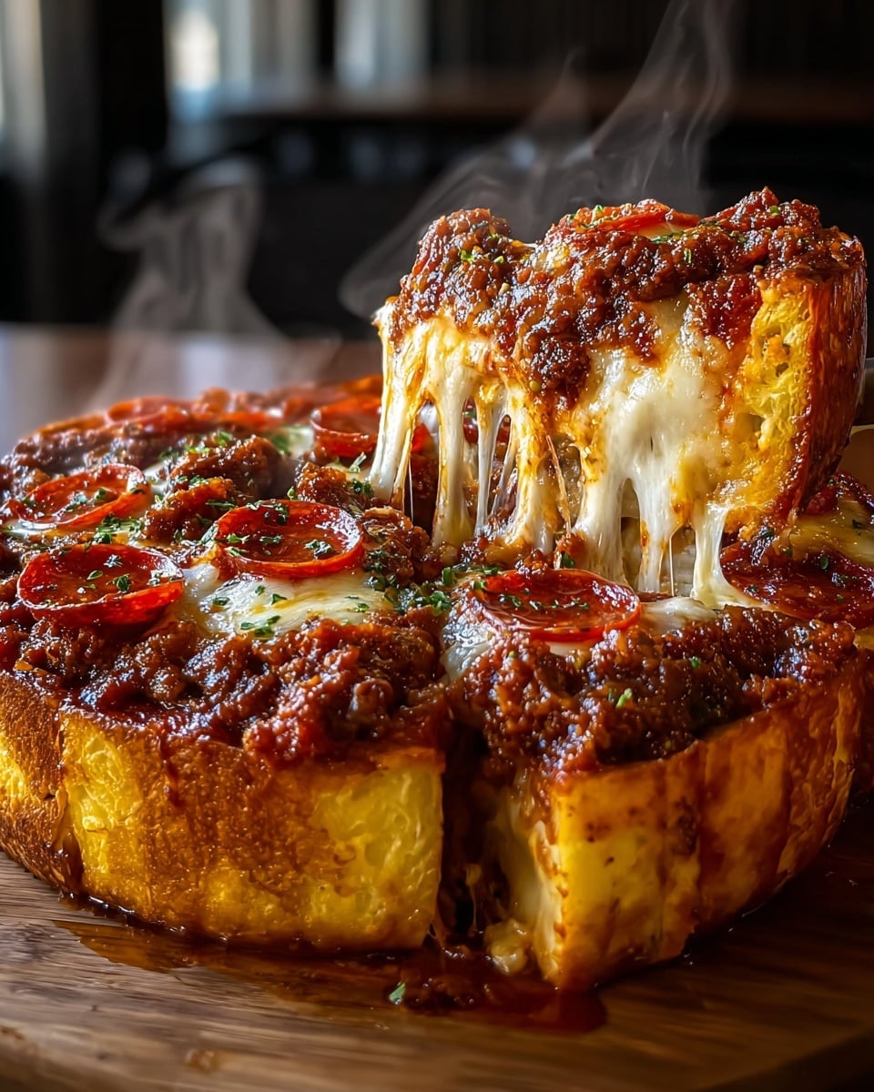 A thick, deep-dish pizza with multiple visible layers sits on a wooden board against a blurred background. The bottom layer is a golden, crispy crust, thick and sturdy. Above this lies a layer of rich, melted cheese that stretches as one slice is pulled away, showing its gooey, creamy texture in white with hints of light yellow. The top layer consists of a chunky, dark brown meat sauce spread evenly with bright red pepperoni slices scattered on top. Tiny green herb flakes are sprinkled over the whole pizza, adding color and freshness. Wisps of steam rise from the pizza, showing that it's hot and fresh. photo taken with an iphone --ar 4:5 --v 7