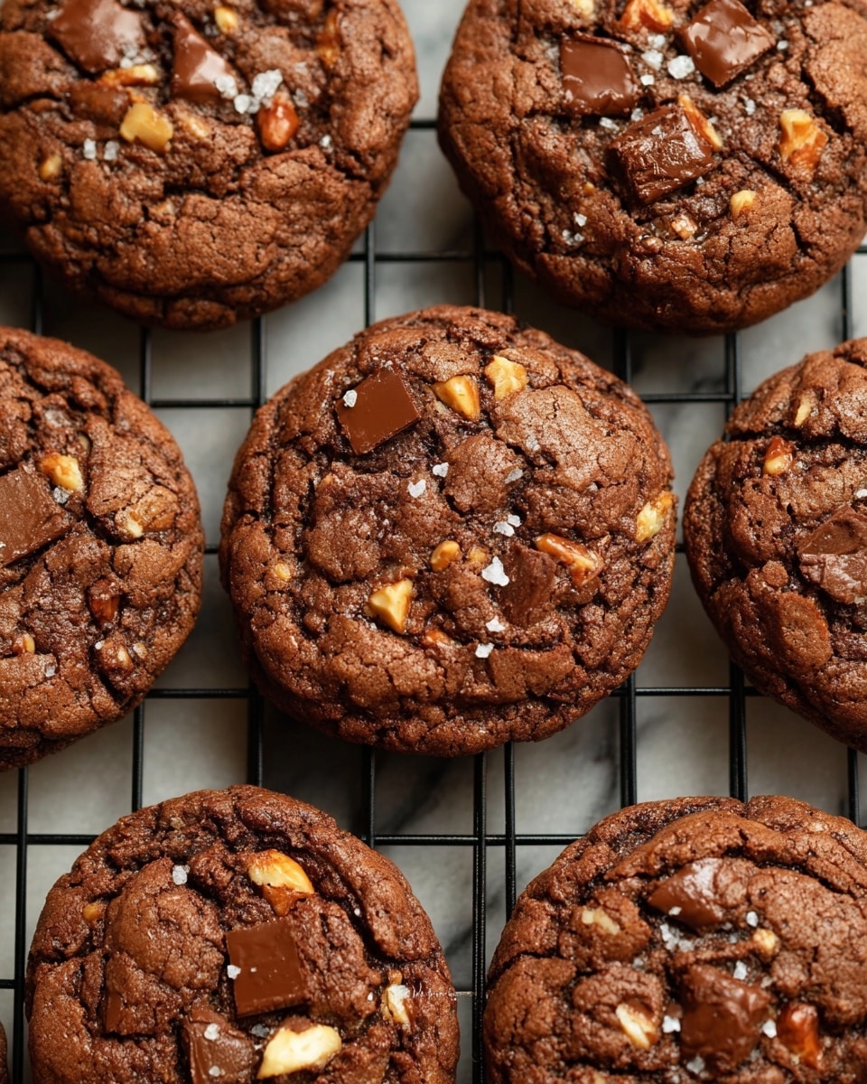 The image shows close-up chocolate cookies on a black wire cooling rack. Each cookie is round with a slightly cracked top showing a deep brown color and a chewy texture. The cookies have scattered chunks of melted dark chocolate embedded throughout, along with pieces of light brown nuts and some visible flakes of sea salt. The cookies are placed on a base with a white marbled texture beneath the rack. Photo taken with an iphone --ar 4:5 --v 7