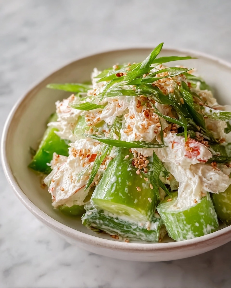 A close-up of a salad in a white bowl, with large pieces of bright green cucumber at the bottom, creamy white crab meat mixed in, and topped with thin slices of fresh green onion and sprinkled with light brown sesame seeds. The textures show the smooth, creamy crab, crisp cucumber, and fresh onion layers, all placed on a white marbled surface. photo taken with an iphone --ar 4:5 --v 7