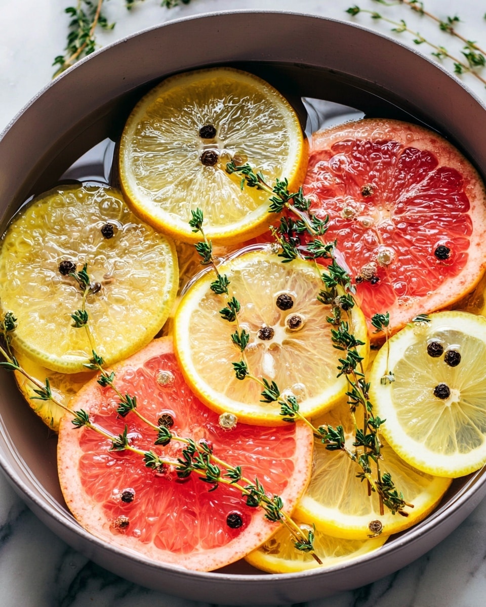 A gray pan filled with water contains two layers of thin citrus slices: bright yellow lemon slices are arranged on the bottom layer, and pink grapefruit slices are placed on top, overlapping partially. Green sprigs of thyme lie scattered across the fruit, with several small black peppercorns sprinkled over everything. The light reflects on the water surface, showing a fresh, vibrant mix of colors and textures against a white marbled background. Photo taken with an iphone --ar 4:5 --v 7