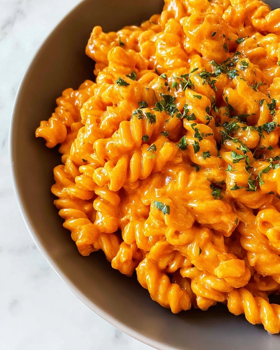 A close-up view of a single layer of short spiral pasta coated thickly in bright orange creamy sauce, with small bits of green herbs sprinkled evenly on top. The pasta sits inside a white bowl, placed on a white marbled surface. The orange sauce has a smooth, glossy texture that covers each twist of the pasta, and the green herbs add a fresh contrast throughout the dish. Photo taken with an iphone --ar 4:5 --v 7