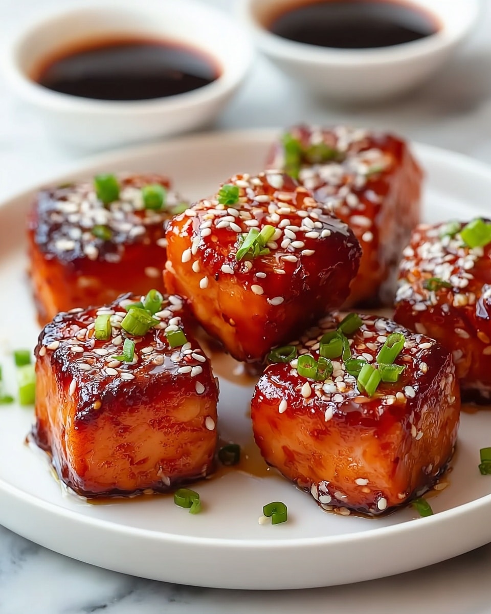 The image shows a close-up of seven pieces of glazed salmon cubes arranged on a round white plate. Each salmon cube is coated with a shiny, dark reddish-brown sauce and sprinkled with white sesame seeds and small green onion pieces on top, with some green onion pieces scattered around the plate. In the blurred background, there are two white bowls filled with dark and reddish dipping sauces placed on a white marbled surface. Photo taken with an iphone --ar 4:5 --v 7