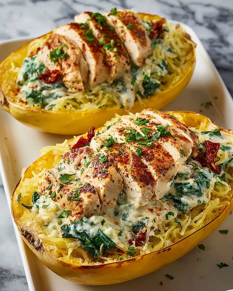 The image shows two halves of roasted spaghetti squash on a white tray. Each half is filled with a bed of yellow, stringy spaghetti squash strands topped with creamy white sauce mixed with green spinach leaves. On top of this creamy layer sit slices of golden-brown grilled chicken breast, sprinkled with chopped green herbs and reddish-brown spices. Small pieces of sun-dried tomatoes add pops of deep red color scattered throughout the filling. The edges of the squash are a warm yellow with some light browning from roasting. The white tray is placed on a white marbled texture surface. photo taken with an iphone --ar 4:5 --v 7