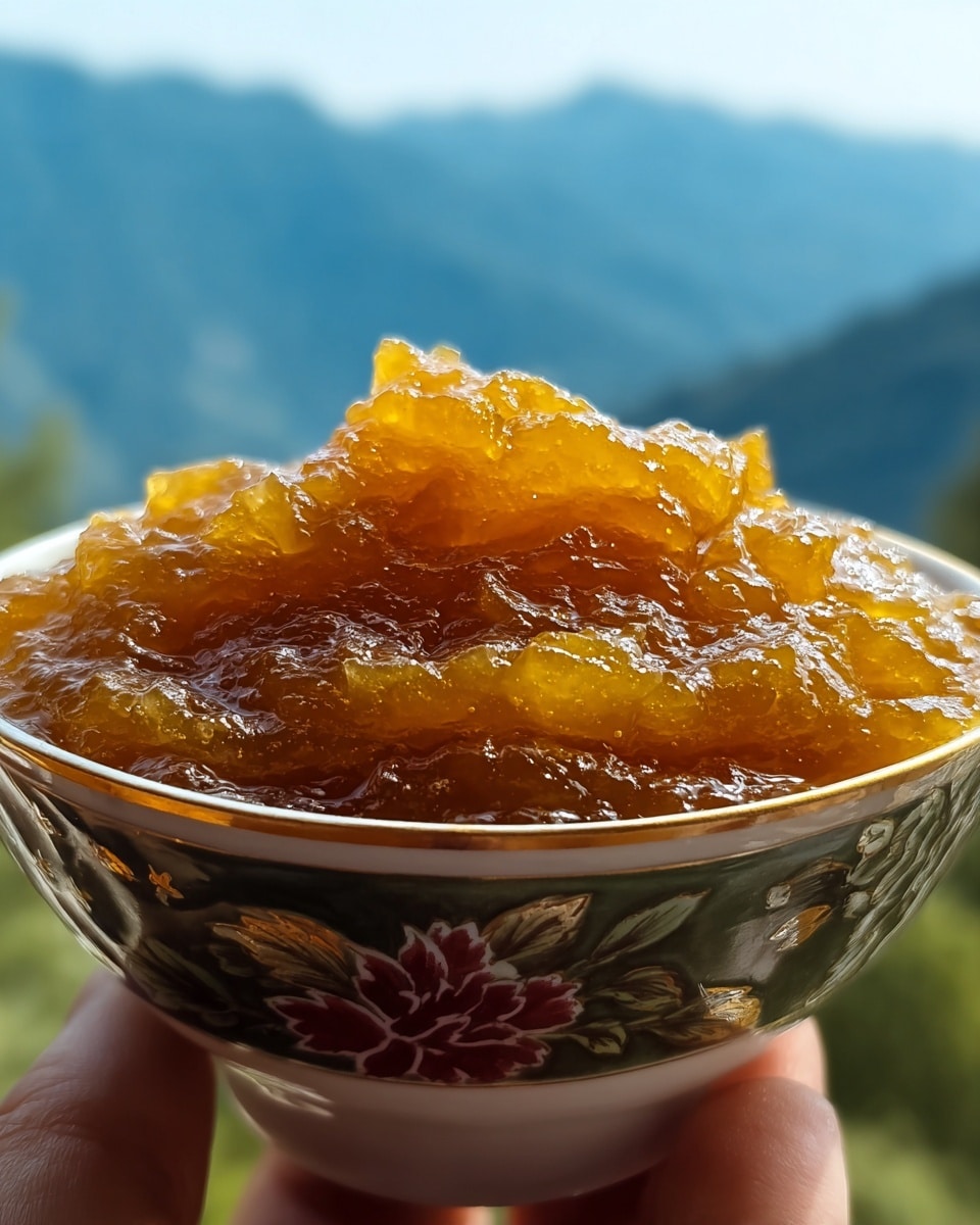 The image shows a close-up of a bowl filled with a thick, golden-yellow jam or preserve that has a shiny, slightly chunky texture with visible pieces of fruit. The bowl is white with intricate dark green and reddish floral patterns along its sides. It is held by a woman's hand at the bottom of the frame. The background is blurred with soft blue and green mountain shapes, creating a calm, natural setting. The photo is bright and focuses mainly on the jam, highlighting its glossy, rich surface. photo taken with an iphone --ar 4:5 --v 7