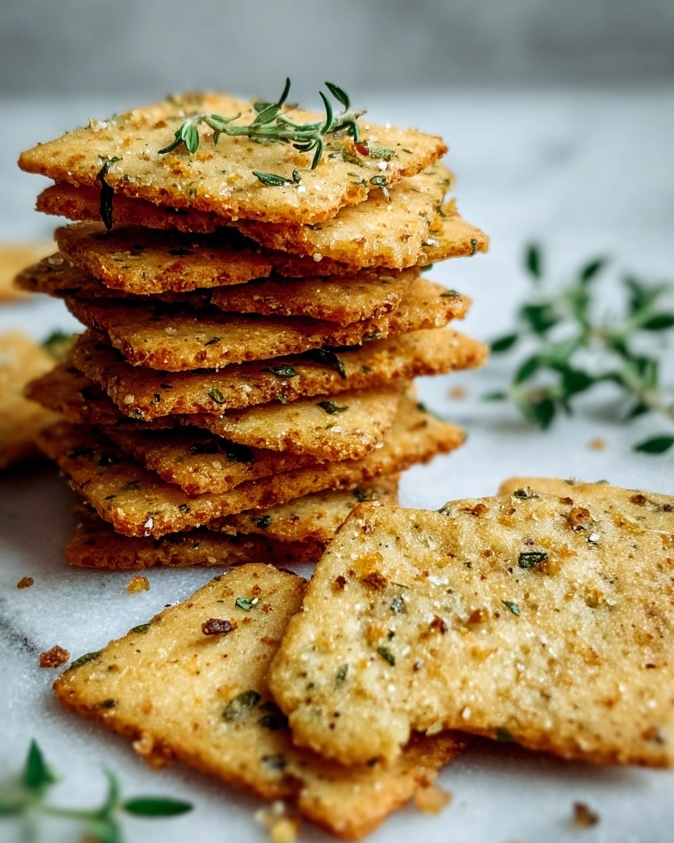 A stack of seven rectangular, golden-brown crackers sits slightly off-center on a white marbled surface, each cracker speckled with small green herb pieces and seasoning. In front of the stack, three crackers lay flat, showing their crispy, textured surface with visible crumbs and herbs, while a few more are scattered blurred in the background, all on the white marbled surface. The crackers have a crunchy appearance with rough edges and a light, toasted color. photo taken with an iphone --ar 4:5 --v 7