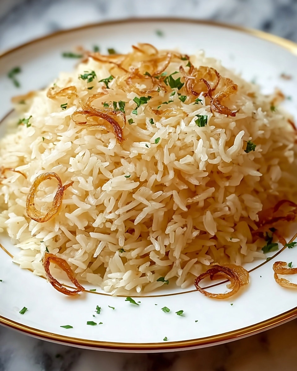 A white plate with a gold edge holds a mound of cooked long-grain rice, light beige in color, with some grains showing slight translucency. Scattered on top are thin slices of golden-brown caramelized onions along with small green herb pieces, sprinkled evenly to add color contrast. The rice looks fluffy with a slight shine, and the onion slices add texture with their curled, crispy edges. The plate sits on a white marbled surface, with the image focused closely on the rice. Photo taken with an iphone --ar 4:5 --v 7