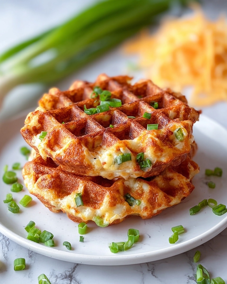 Two stacked, golden-brown waffles with a crispy texture are on a white plate, each waffle showing small chunks of melted cheese and chopped green onions inside. The top waffle is sprinkled with bits of fresh green onion, and some green onion pieces are scattered around the plate on a white marbled surface. In the blurred background, there are more green onions and some shredded cheese visible. photo taken with an iphone --ar 4:5 --v 7