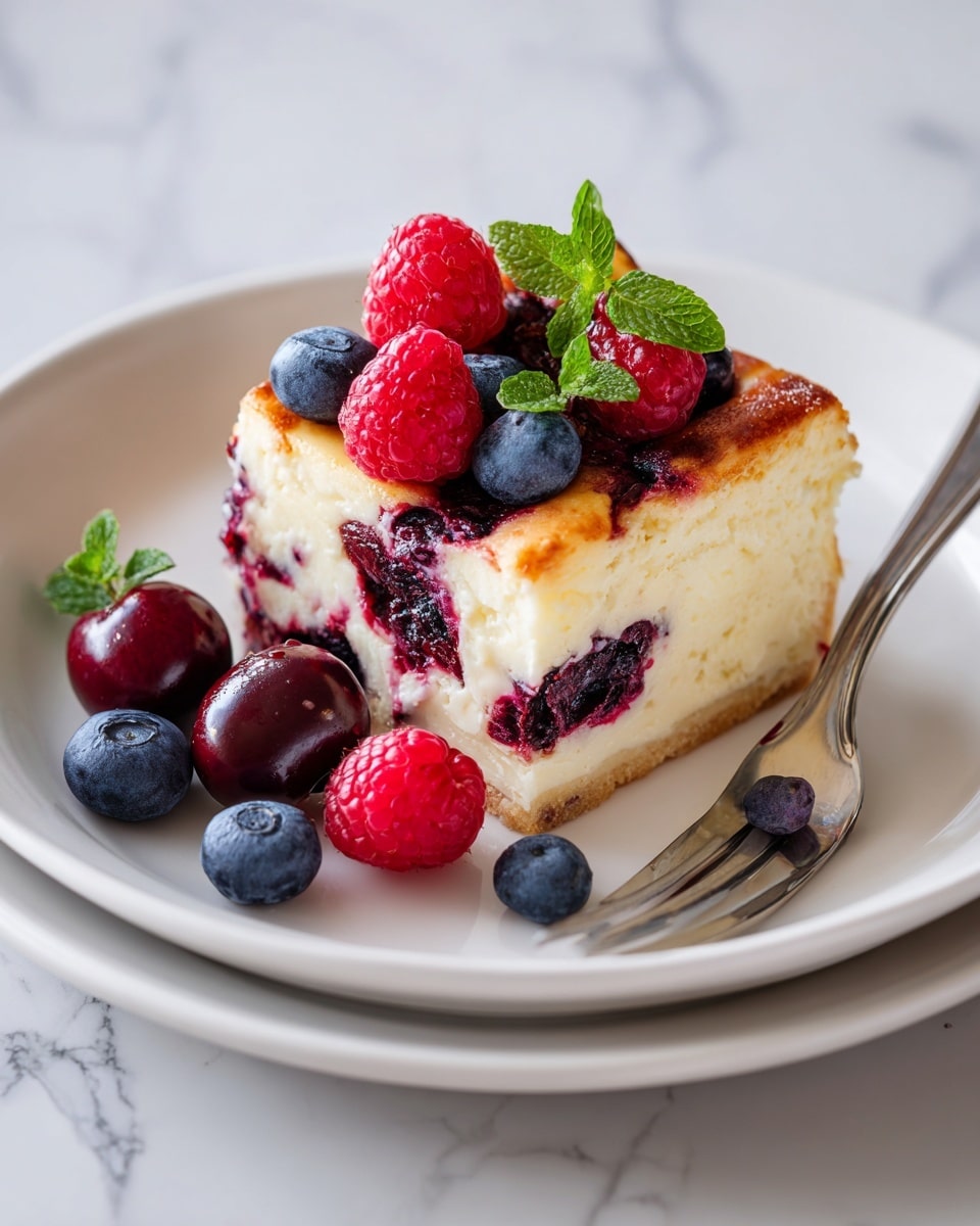 A close-up of a baked berry cake in a white square ceramic dish with ridged sides, showing two visible layers; the bottom layer is soft, light beige cake with a fluffy texture, and the top layer is golden brown baked crust studded generously with whole red raspberries and dark purple blackberries that look slightly sunken into the cake, some berries appearing juicy and bursting. The dish is placed on a white marbled surface. Photo taken with an iphone --ar 4:5 --v 7