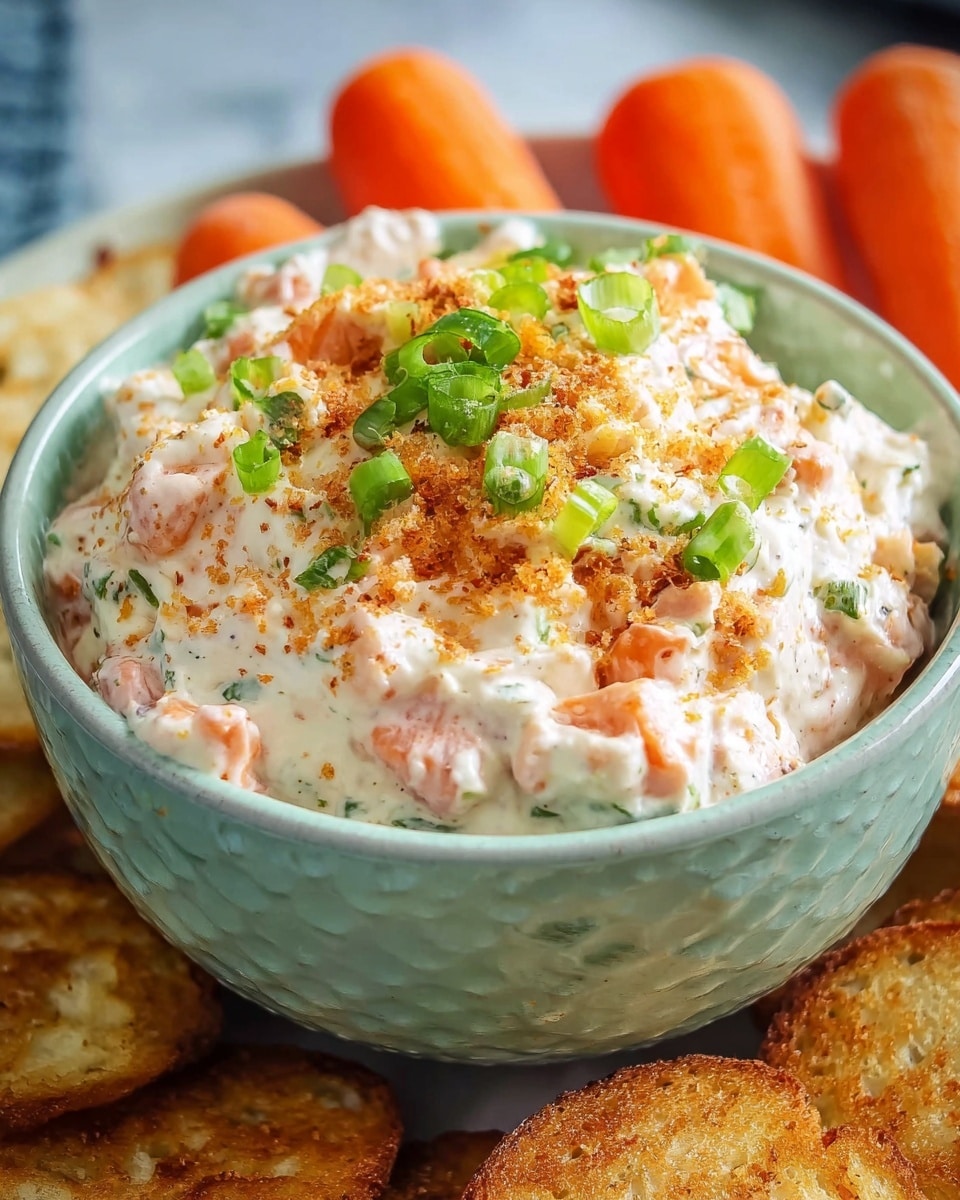 A light blue bowl filled with a creamy white dip that has small chunks of orange and pink mixed in, topped with chopped green onions and a sprinkle of orange seasoning. The textured bowl sits on a white marbled surface, surrounded by round orange carrot slices in the background and crisp toasted bread pieces on the sides. The dip looks thick and chunky with a soft, rich texture. Photo taken with an iphone --ar 4:5 --v 7