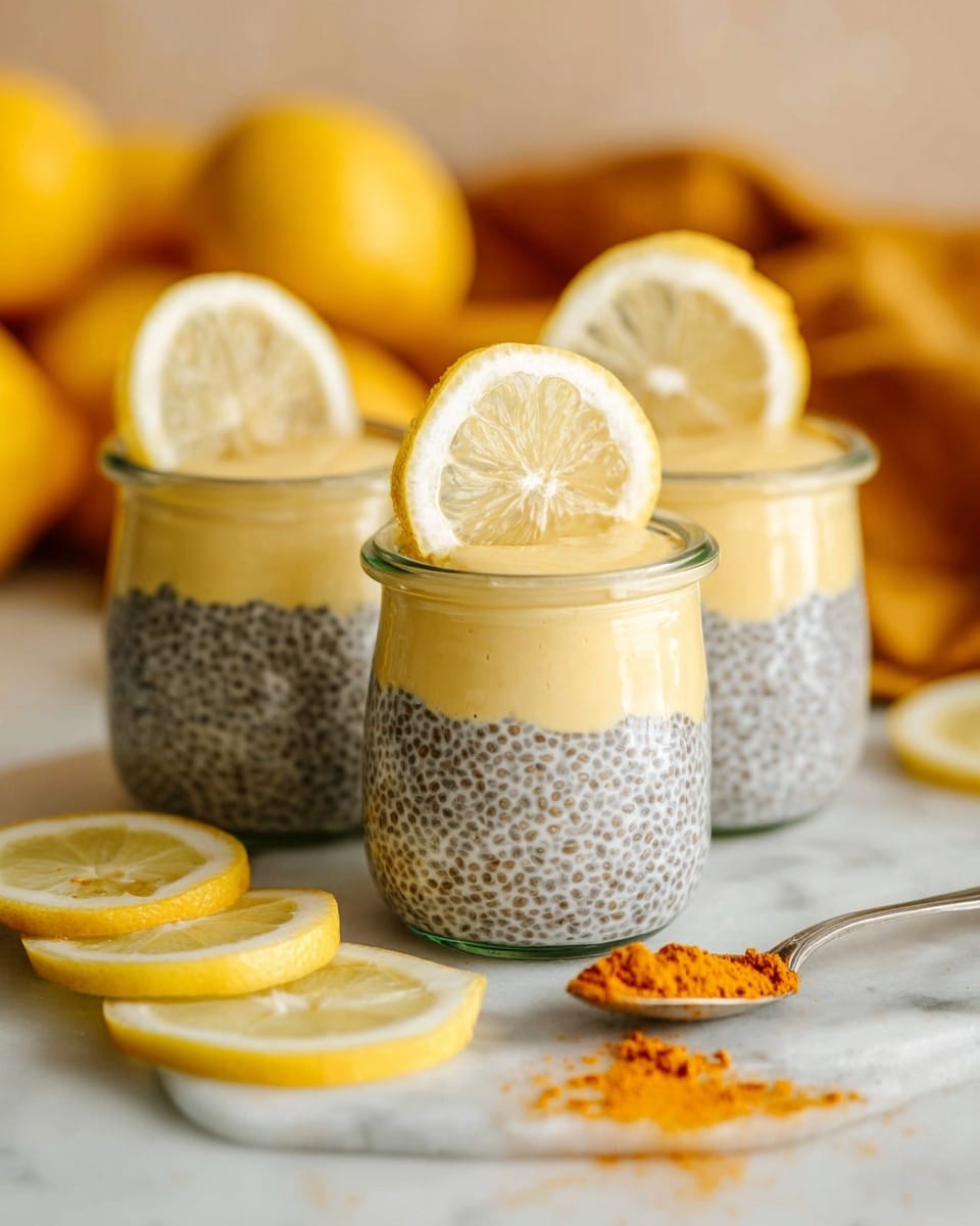 Three small clear glass jars hold a layered dessert placed on a white marbled surface. Each jar has two layers: the bottom layer is speckled gray and white chia pudding, thick and textured; the top layer is a smooth, creamy pale yellow mousse. A fresh lemon slice, light yellow with a white rind, is placed vertically on top of each mousse layer. Around the jars, several lemon slices lie flat on the surface, along with an old spoon covered in orange powder near the front. The background is softly blurred, showing more lemons in warm yellow tones. photo taken with an iphone --ar 4:5 --v 7