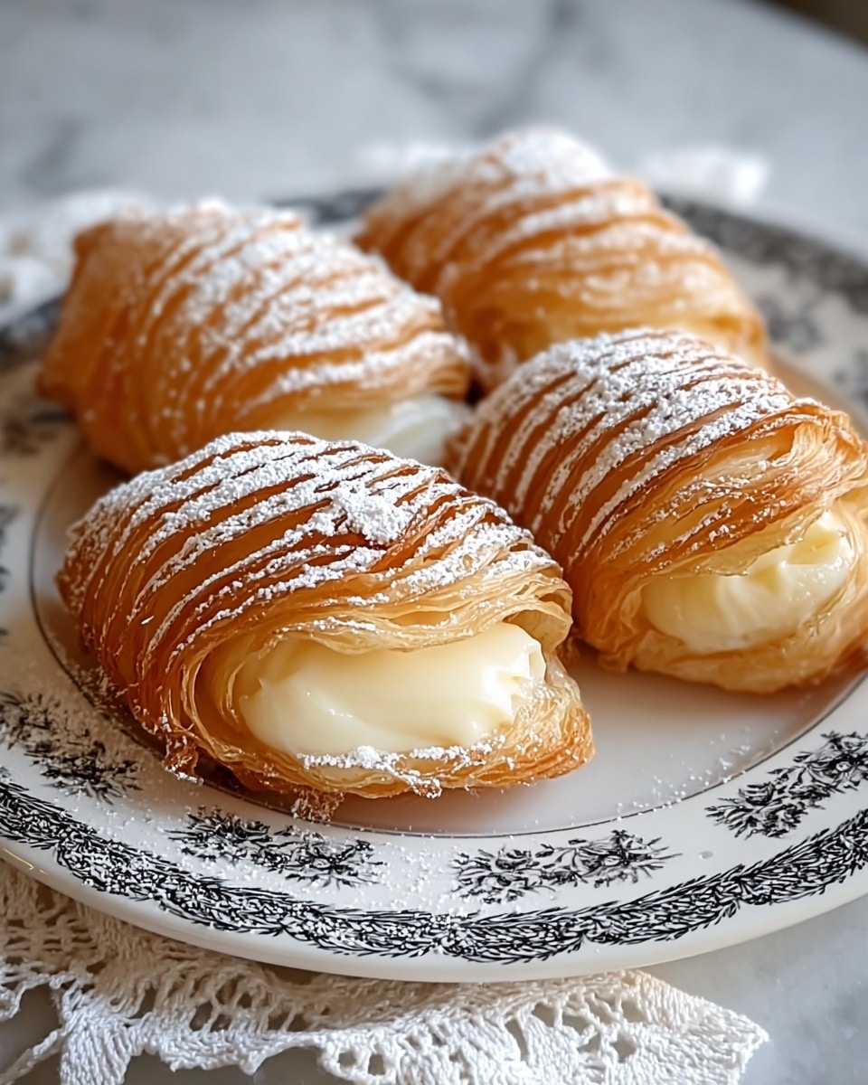 Four pastries sit on a white plate with a black floral pattern, arranged close together. Each pastry has many thin, golden brown, crispy layers on the outside, forming a curved shape like a folded shell. Inside, a smooth, pale cream filling is slightly visible, soft and glossy. A light dusting of white powdered sugar tops the pastries, highlighting the layers' texture. The plate rests on a white, lace-edged cloth over a white marbled surface. photo taken with an iphone --ar 4:5 --v 7