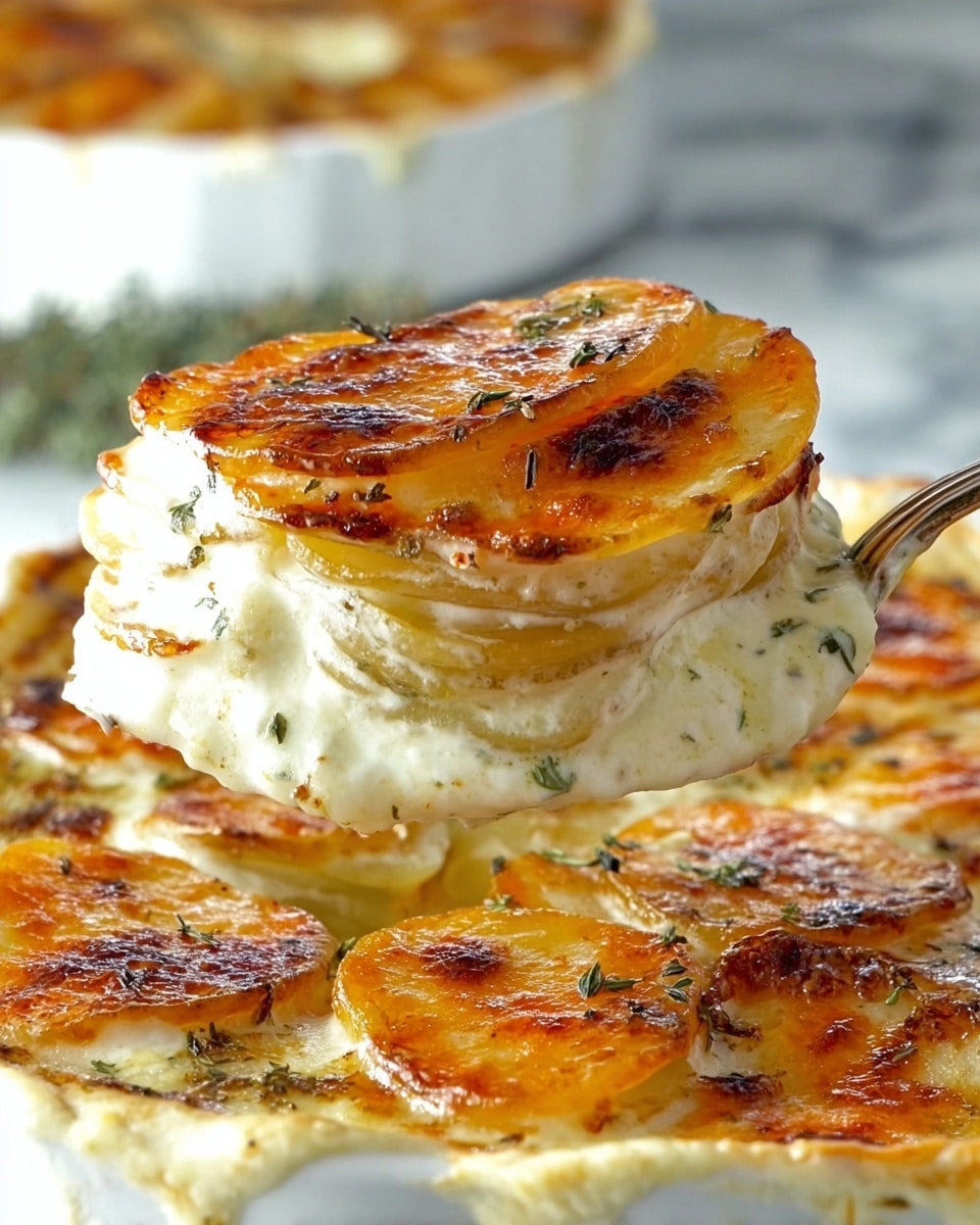 A close-up view of a dish with layers of thinly sliced, golden-browned potatoes stacked neatly on top of a creamy white sauce that has a smooth, slightly textured surface speckled with green herbs. Each potato slice has a crispy, caramelized top with a rich, orange-brown color and small bits of herbs scattered across. The stack appears soft and tender underneath the browned crust, and the dish is held up with a silver spoon showing a portion of the layers. The background reveals more of the same dish in a white bowl on a white marbled texture. photo taken with an iphone --ar 4:5 --v 7