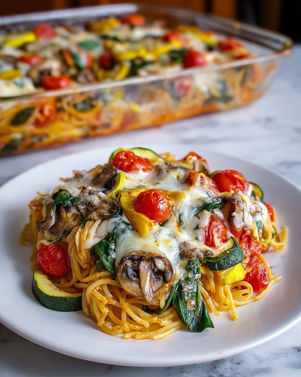 A white plate holds a serving of baked spaghetti layered with orange-yellow noodles at the base, topped with melted white cheese that covers parts of browned mushrooms, halved red cherry tomatoes, and green spinach leaves scattered on top. Bright yellow squash and green zucchini strips are mixed throughout the pasta, adding colorful contrast. The plate sits on a white marbled surface, with a glass baking dish filled with the same baked spaghetti blurred in the background. photo taken with an iphone --ar 4:5 --v 7