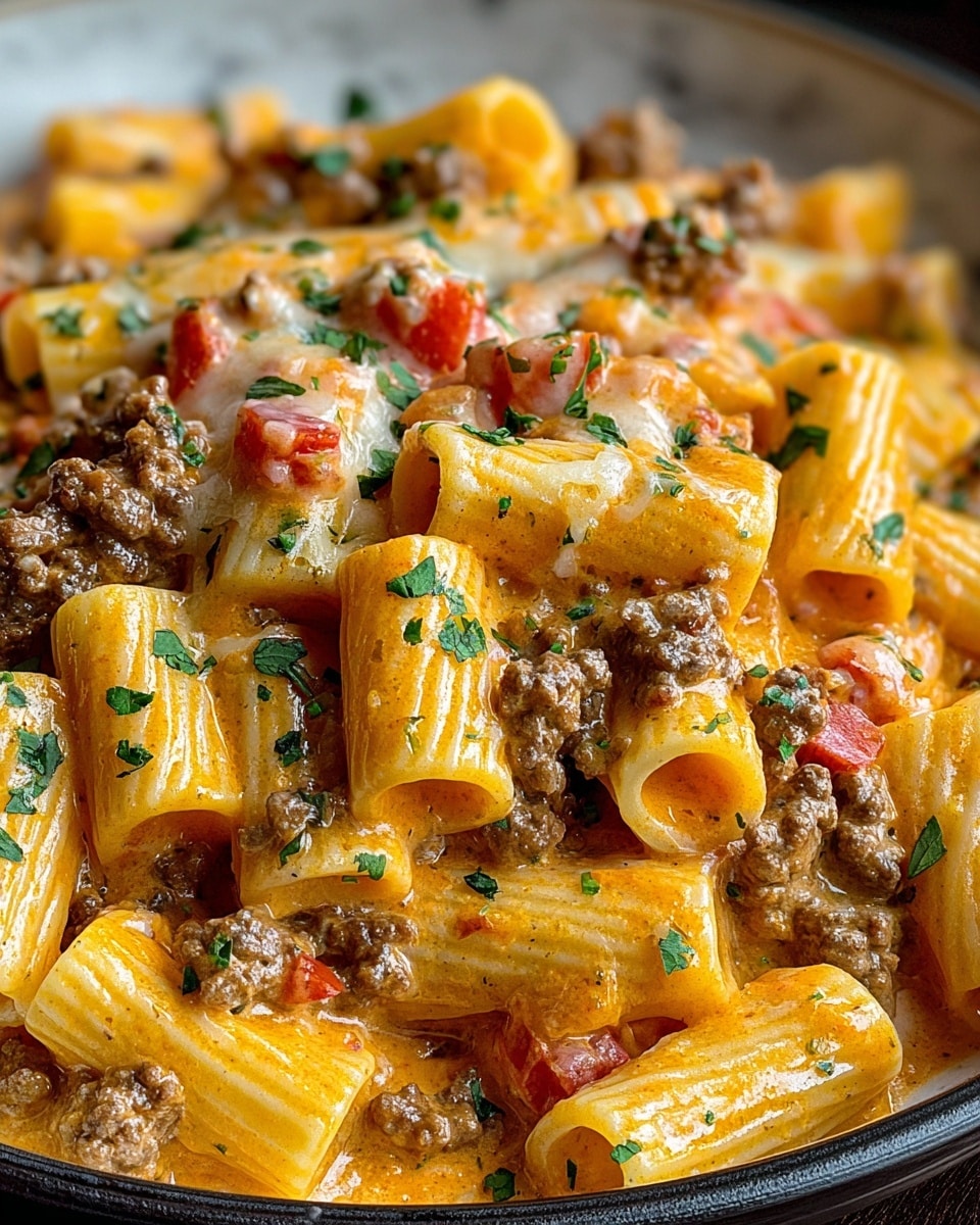This close-up image shows a single layer of rigatoni pasta coated with a creamy, orange-colored cheese sauce, scattered with ground meat pieces and small diced tomatoes. The pasta tubes are thick and smooth with visible ridges, some with sauce filling their hollow centers. Tiny bits of green herbs are sprinkled evenly on top, adding fresh color contrast. The dish sits on a white marbled surface. The texture is creamy and rich, with ground meat adding a crumbly element mixed in with soft pasta and melted cheese. Photo taken with an iphone --ar 4:5 --v 7