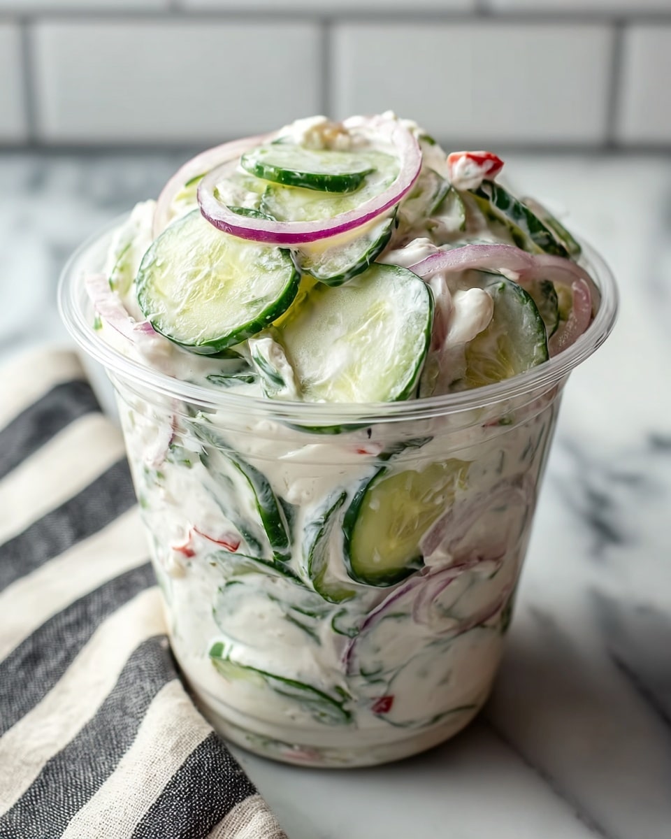 A clear plastic cup filled with a creamy salad showing many thin cucumber slices with dark green skin, red onion rings, and small bits of red pepper mixed in a thick white yogurt or mayonnaise dressing. The salad looks fresh and full, with the creamy texture coating each vegetable slice. The cup sits on a white marbled surface, next to a black and white striped cloth napkin, with a white tiled wall blurred in the background. photo taken with an iphone --ar 4:5 --v 7