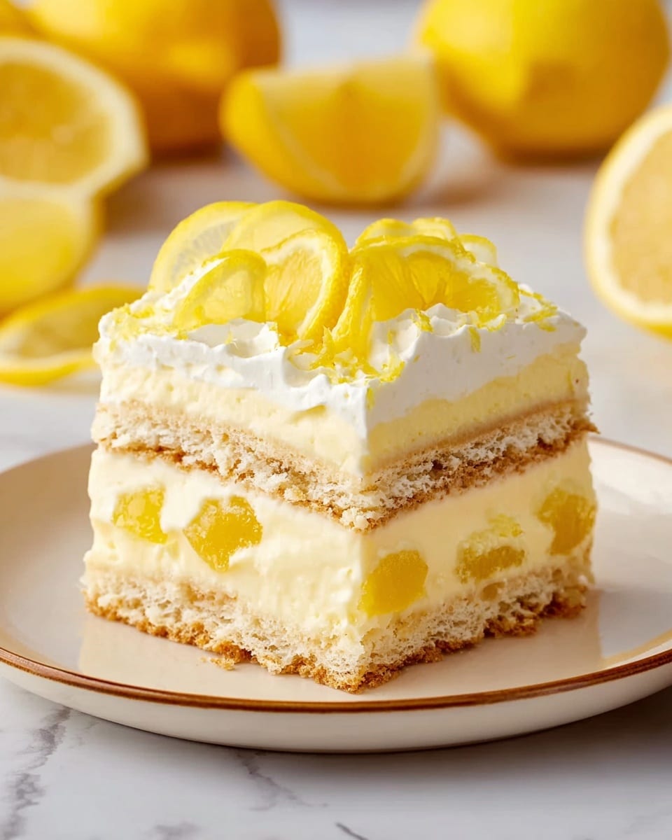 A square slice of layered lemon dessert sits on a white plate with a thin brown rim, placed on a white marbled surface. The dessert has four layers: the bottom and middle layers are light beige sponge cake with a crumbly texture; each cake layer is separated by a thick, creamy pale yellow custard layer. There are small chunks of bright yellow lemon pieces embedded inside the custard layers. The top layer is white whipped cream, crowned with several small, vibrant lemon wedges arranged loosely. The background features blurred whole and halved lemons in soft yellow tones. Photo taken with an iphone --ar 4:5 --v 7