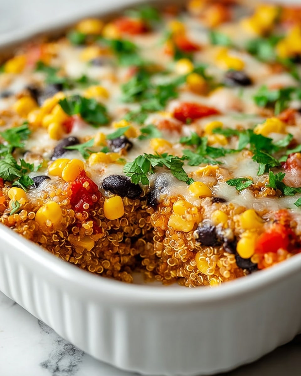 A close-up view of a layered quinoa casserole in a white ceramic dish, showing three layers: the bottom layer is fluffy cooked quinoa with a light golden color, the middle layer has scattered black beans and bright yellow corn kernels with pieces of red tomatoes mixed in, and the top layer is melted cheese that is creamy white and golden, sprinkled with fresh green parsley leaves spread evenly on the surface. The dish sits on a white marbled texture. Photo taken with an iphone --ar 4:5 --v 7