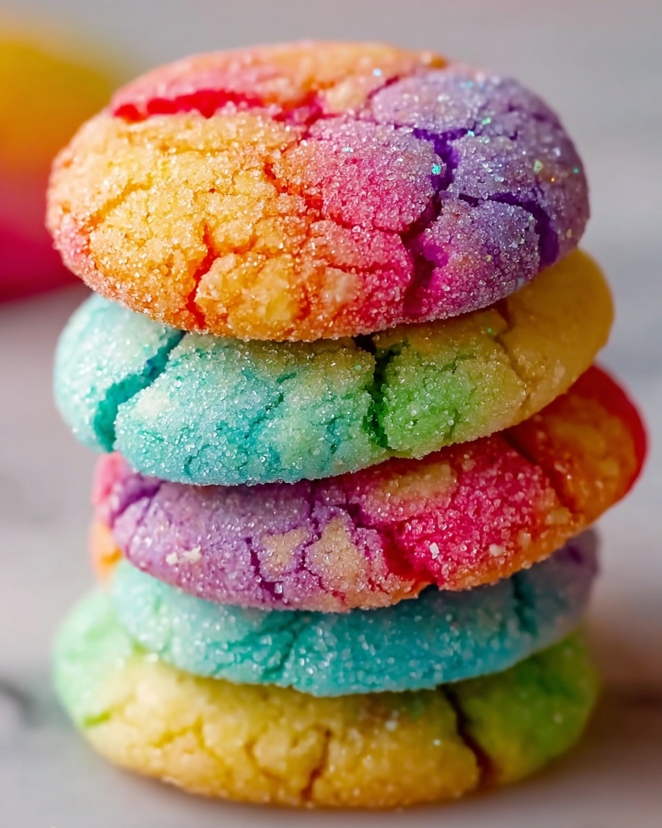 A close-up view of a stack of four colorful sugar-coated cookies with a cracked texture on each cookie. The top cookie has a mix of orange, yellow, purple, and pink shades with visible sugar crystals. The second cookie is mostly light green and blue, also covered in sugar crystals. The third cookie shows pink and light purple colors with cracks and sugar texture, while the bottom cookie displays mixed shades of yellow, orange, purple, and green. The cookies appear soft and slightly rounded, placed on a white marbled surface. photo taken with an iphone --ar 4:5 --v 7