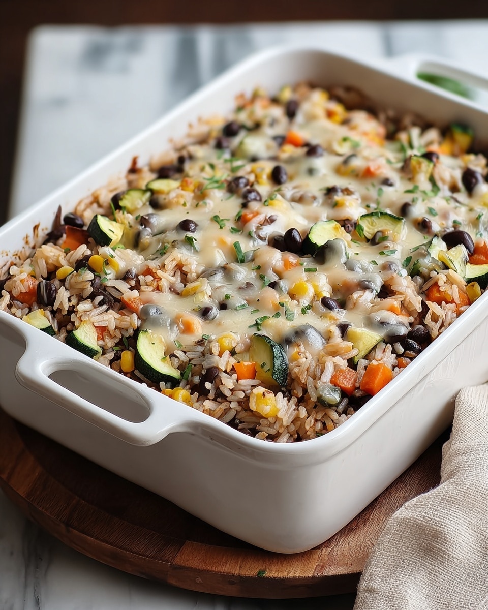 A white rectangular baking dish filled with a cooked casserole showing three visible layers from top: scattered golden melted cheese mixed with black beans and small pieces of green zucchini, then a layer of mixed diced vegetables including orange carrots and light-colored rice, all mixed together with some browned edges visible on the sides. The dish sits on a round wooden board on a white marbled surface with a folded beige cloth partially visible to the side. photo taken with an iphone --ar 4:5 --v 7