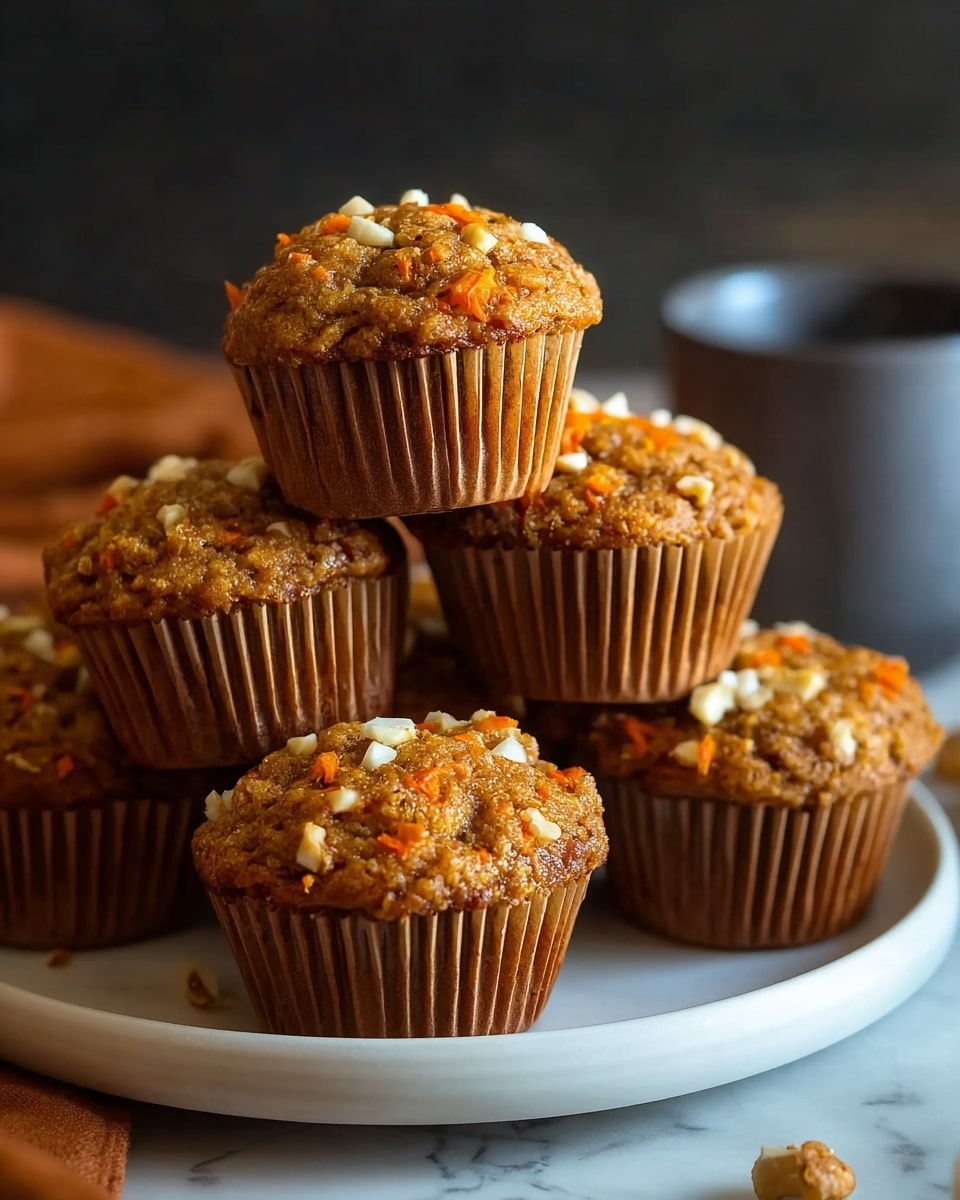 The image shows six carrot muffins stacked closely on a round white plate, placed on a white marbled surface. The muffins have a rough texture with visible orange carrot pieces and white nuts scattered on top and throughout the muffins. Each muffin is wrapped in a brown paper liner with vertical ridges. The muffins are golden-brown and moist looking, with a slightly domed top. In the background, there is a blurred dark setting with a grey cup, giving a warm cozy feeling. photo taken with an iphone --ar 4:5 --v 7