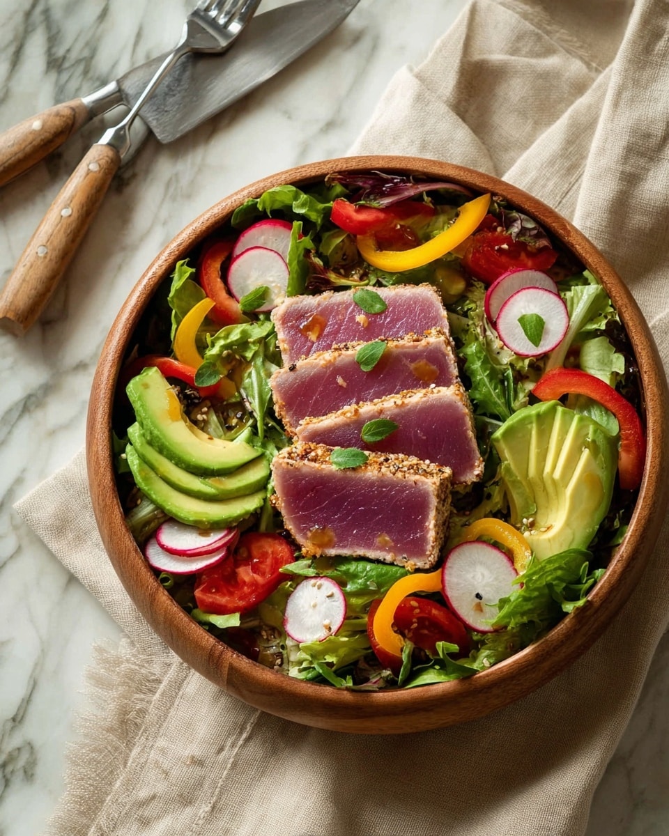 A wooden bowl filled with fresh mixed greens as the base layer, topped with slices of ripe avocado in light green with creamy texture, and thin red and yellow bell pepper strips arranged around the edges. There are thinly sliced radish rounds, bright red cherry tomato halves, and three thick slices of seared tuna with a pink center and a browned peppered crust placed in the center, each slice garnished with a small green herb leaf. Small drops of beige dressing and a few mustard seeds are scattered on top. The bowl is set on a white marbled surface with a fork and knife on a beige cloth napkin nearby. Photo taken with an iphone --ar 4:5 --v 7