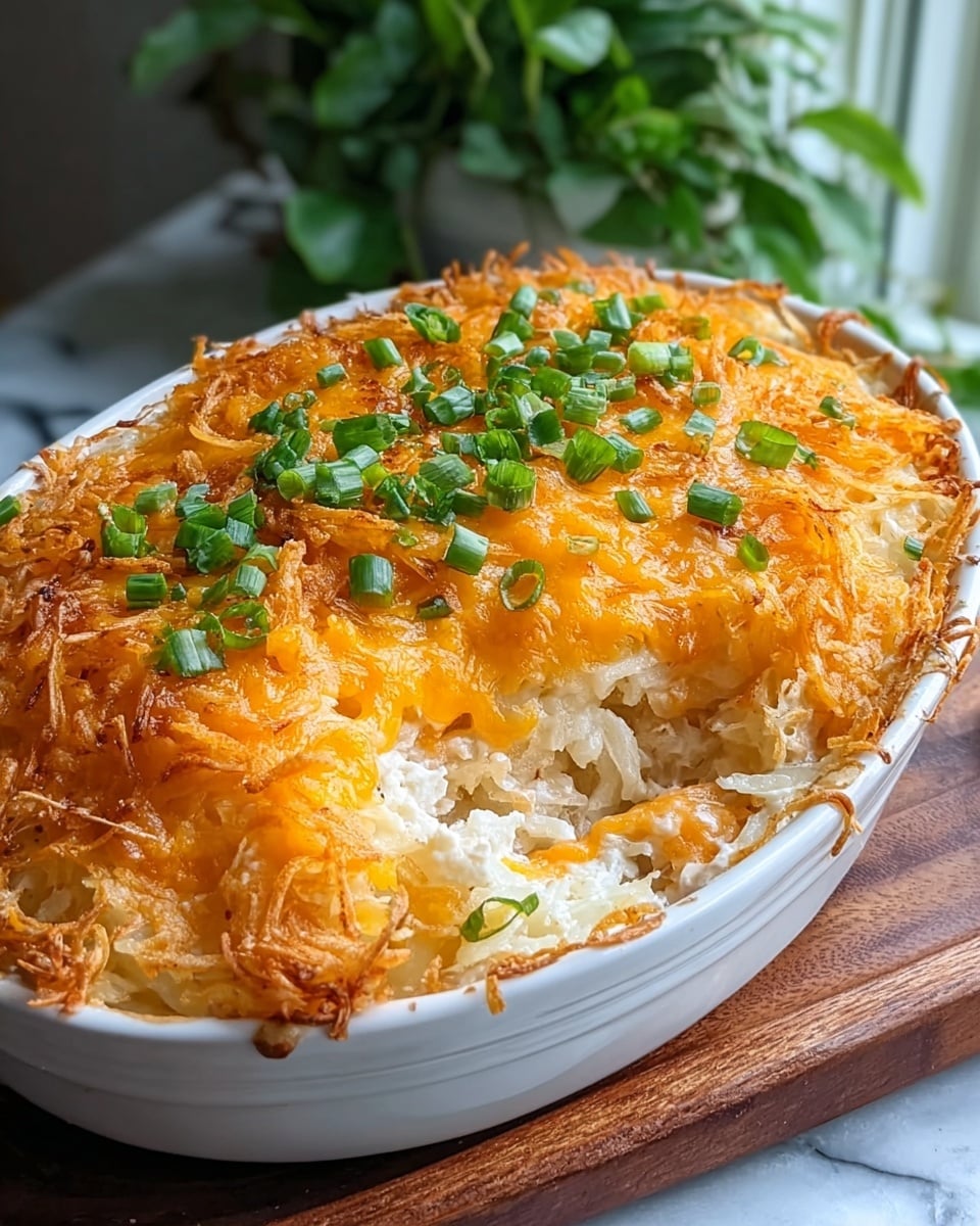 The dish is shown in a white ceramic oval casserole dish filled with multiple layers. The bottom layer is creamy and white, showing some soft texture where a portion is scooped out. Above this is a thick layer of grated bright orange melted cheese that covers the top. On the surface, there is a crispy, golden-brown shredded potato layer that looks crunchy and uneven. Scattered green bits of fresh chopped herbs and green onions are sprinkled evenly across the top, adding a fresh touch of color. The background features a white marbled texture and a blurred green plant behind the dish. Photo taken with an iphone --ar 4:5 --v 7