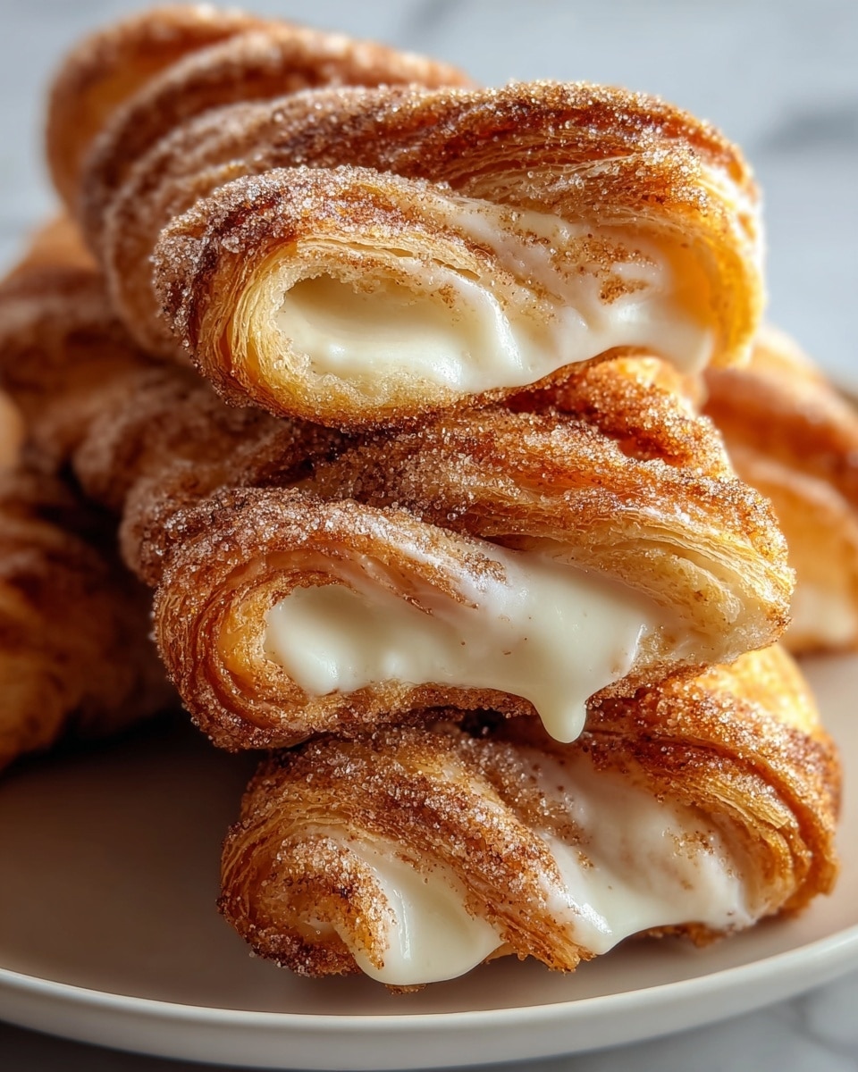 A close-up view of crisp, twisted pastries stacked on a white plate, each pastry made of golden-brown, flaky layers dusted with a light coating of cinnamon sugar. Between the twisted layers, a thick, creamy white filling is visible, oozing slightly out of the folds, giving a rich contrast to the crispy exterior. The pastries have a textured, airy look with the sugar evenly sprinkled on top, creating a slightly sparkly effect. The background is a white marbled texture, highlighting the warm tones of the pastries. photo taken with an iphone --ar 4:5 --v 7