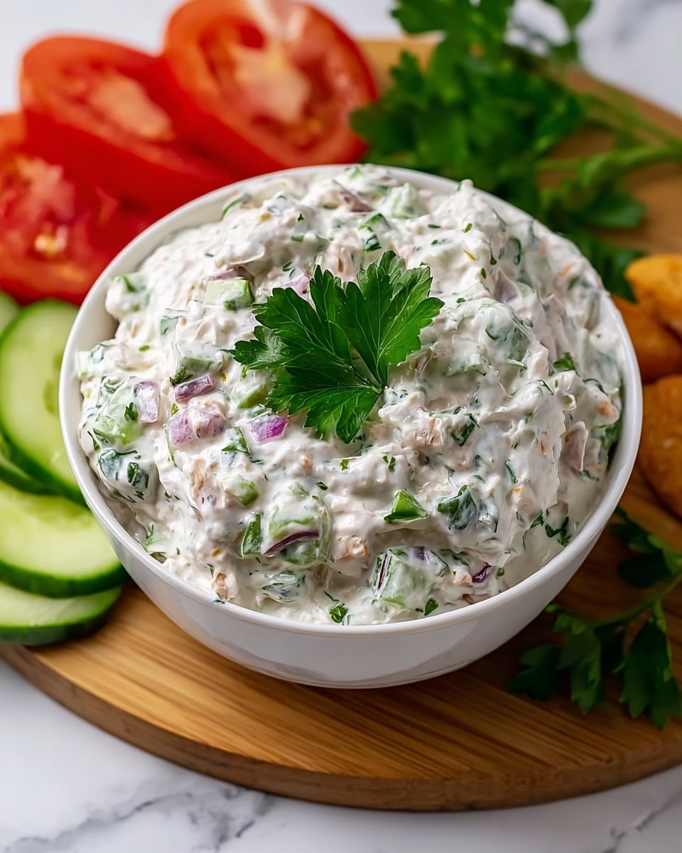 A white bowl filled with a creamy dip that has a thick texture, mixed with small pieces of green cucumber, red onion, and herbs throughout, giving it a speckled look of green and purple in the white cream. The dip is topped with a fresh green parsley leaf on the center. The bowl sits on a wooden board, surrounded by sliced red tomato pieces on the upper left side and green cucumber slices on the lower left side, all placed on a white marbled surface. photo taken with an iphone --ar 4:5 --v 7