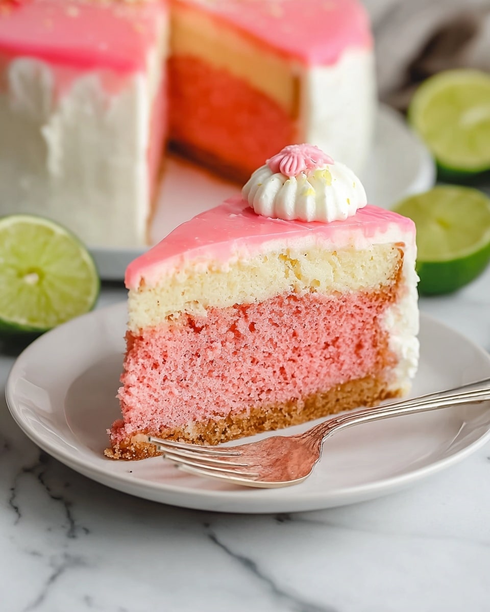 A slice of pink cake with three distinct layers sits on a white plate on a white marbled surface. The bottom layer is a thin, light brown crust with a rough texture. Above it is a thick, moist pink cake layer with a soft crumb texture. The next layer is creamy white frosting, thick and smooth, covering the sides and top of the cake slice. On top of the frosting, there is a thin pink glaze with a shiny texture. A small white dollop of cream and a tiny pink decoration rest delicately on the top edge of the slice. In front of the plate, a shiny silver fork lies angled, completing the scene. The background shows the rest of the whole cake and some cut lime halves with a dark green out-of-focus area beyond. photo taken with an iphone --ar 4:5 --v 7