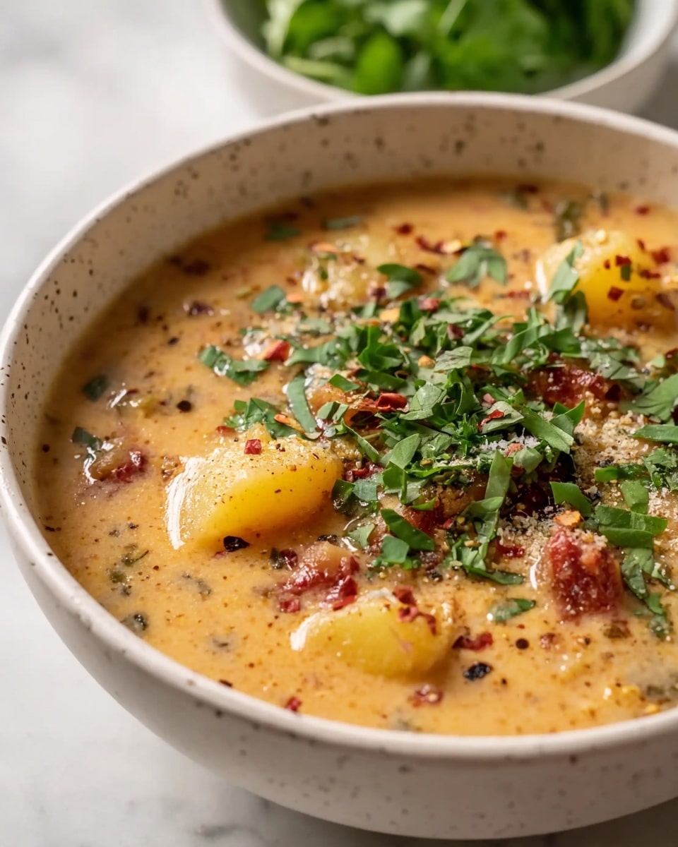 A close-up of a white speckled bowl filled with creamy soup that has a light brown and orange base. Floating in the soup are chunks of yellow potatoes and pieces of reddish-brown meat or vegetables. On top, there are fresh green herbs roughly chopped and sprinkled, along with some red chili flakes and a light dusting of grated cheese or seasoning. The background is a white marbled texture, and there is a blurred white bowl of fresh green herbs in the upper left corner. photo taken with an iphone --ar 4:5 --v 7