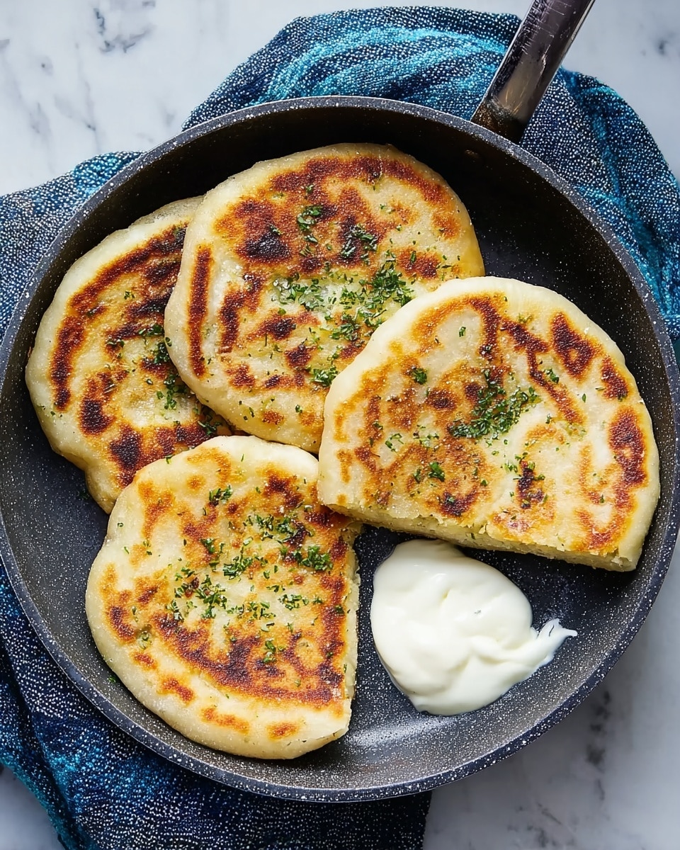 Five golden brown, crispy flatbread pieces arranged in a circle inside a black pan, each piece showing a nice toast pattern with some green herb sprinkles on top; next to the flatbread is a small dollop of white creamy sauce melting slightly on the surface; the pan is placed on a blue and white textured cloth, all set against a white marbled background. photo taken with an iphone --ar 4:5 --v 7