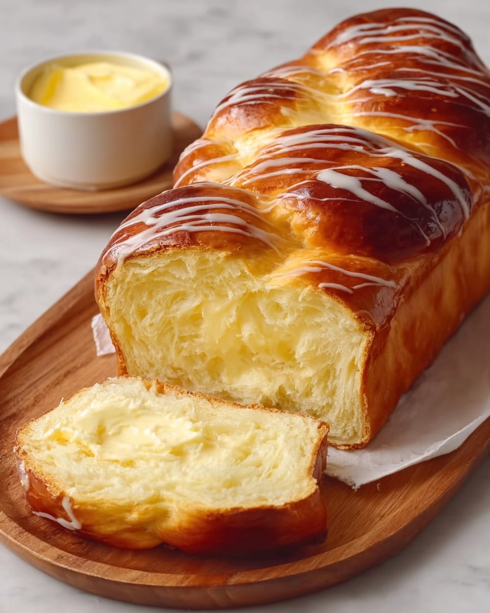 A thick loaf of braided bread with a shiny, dark golden-brown crust sits on a wooden board over a white marbled surface. The top has a smooth, glossy texture with thin white icing drizzled across in wavy lines. One end of the loaf is sliced, showing the soft, fluffy, pale yellow inside with many light, airy layers. Next to the bread is a small white cup filled with creamy yellow butter on a white saucer, placed on a round brown wooden tray. photo taken with an iphone --ar 4:5 --v 7