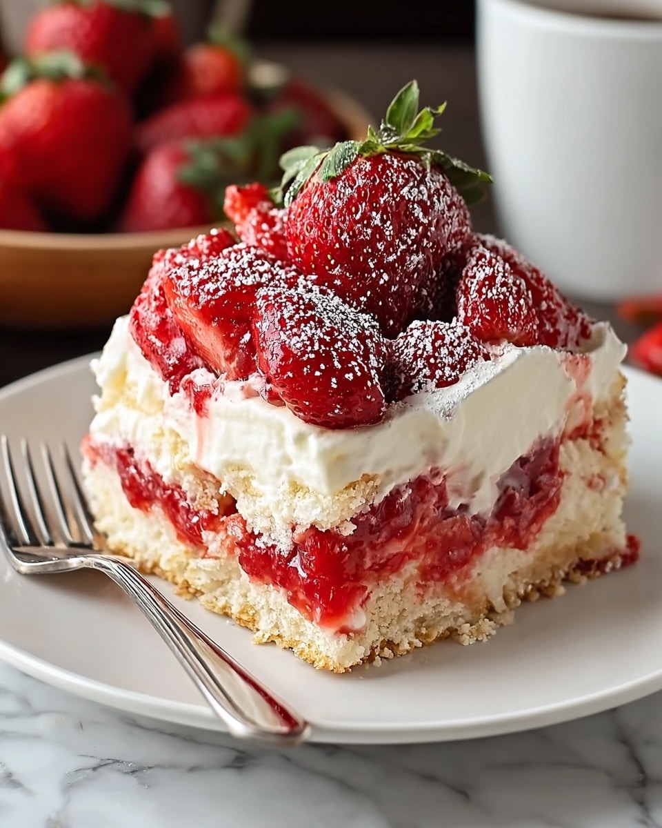 A slice of strawberry shortcake is shown on a stack of white plates with a silver fork resting on the side. The dessert has three main layers: a crumbly light golden cake base at the bottom, a thick middle layer of creamy white filling mixed with pink strawberry sauce and pieces, and a top layer of fresh whole and halved bright red strawberries with green leaves, lightly dusted with powdered sugar. The background features a soft white marbled texture with some blurred fresh strawberries and a white cup in the distance. Photo taken with an iphone --ar 4:5 --v 7