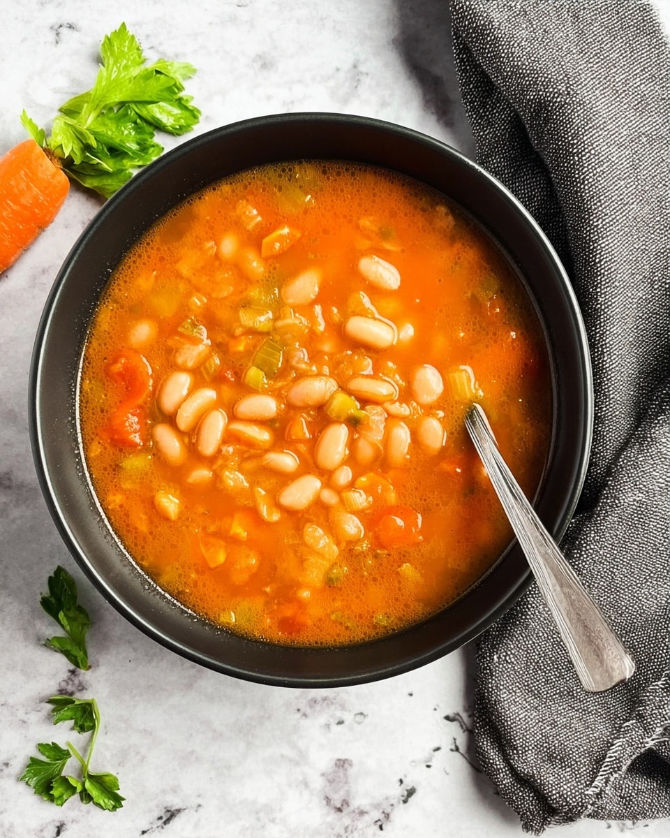 A black bowl filled with orange-red soup containing white beans and small pieces of vegetables like carrots and celery, a silver spoon inside the bowl. The bowl is placed on a white marbled surface, next to a gray cloth, a small bunch of green celery leaves, and an orange carrot. The soup looks warm and hearty, with visible broth and soft bean/vegetable textures. photo taken with an iphone --ar 4:5 --v 7