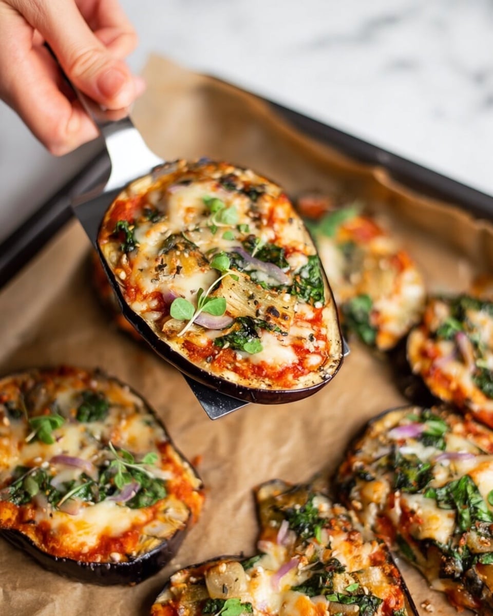 The image shows a slice of eggplant pizza being lifted by a spatula above a baking tray with more slices. Each slice has a base layer of dark purple eggplant skin, topped with a bright red tomato sauce layer that is partially covered by melted, slightly golden cheese with a smooth texture. On top of the cheese, there are scattered green spinach leaves and small fresh herb sprigs, alongside chunks of light brown cooked onions. The baking tray is lined with brown parchment paper, and the tray rests on a white marbled surface. A woman's hand gently holds the slice from underneath photo taken with an iphone --ar 4:5 --v 7