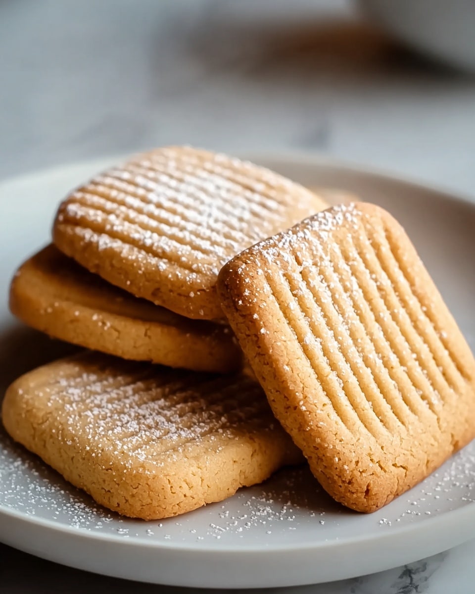 A close-up image of five square, golden-brown cookies stacked on a white plate. The cookies have parallel ridges across their surface and a light dusting of powdered sugar settled in the grooves, adding a slight white contrast to the warm cookie color. The plate sits on a white marbled surface with a soft-focus background, keeping the main focus on the textured cookies. photo taken with an iphone --ar 4:5 --v 7