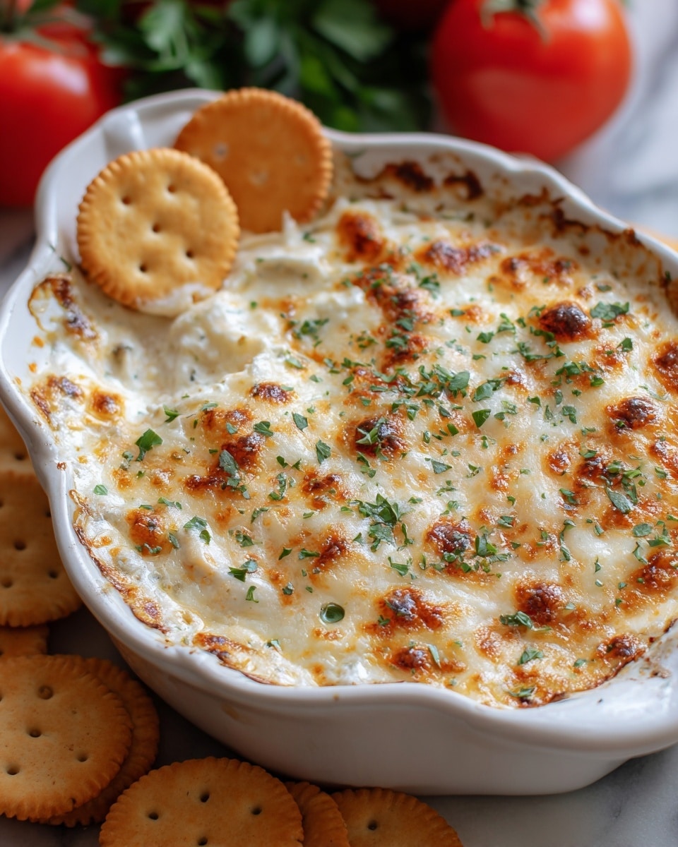 A white ceramic dish filled with a creamy, baked casserole that has a golden-brown melted cheese layer on top, dotted with browned, crispy spots and sprinkled with small green parsley pieces. The casserole surface shows a slightly bubbly, textured cheese finish with herbs and light browning, and three round crispy crackers with a shiny light brown baked surface sit partially on the dish's edge. The dish is placed on a white marbled surface, with fresh red tomatoes and green parsley partly visible in the background. Photo taken with an iphone --ar 4:5 --v 7