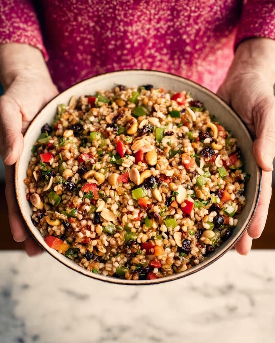 A close-up image shows a woman holding a white bowl full of colorful mixed grain salad. The bowl is filled with several layers of small cooked grains in light brown, mixed with small green chopped vegetables, scattered red bell pepper pieces, black dried berries, and whole nuts and seeds in beige and green colors. All these ingredients create a rough, textured look with a mix of bright and earthy colors. The woman wears a pink patterned top, and the photo is taken on a white marbled surface. Photo taken with an iphone --ar 4:5 --v 7