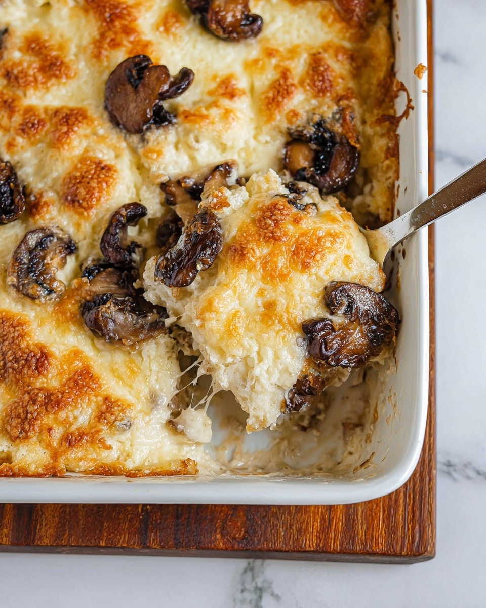 The image shows a close-up of a baked casserole in a white rectangular dish, with a portion scooped out. The dish has two main layers: the bottom layer is made up of dark, cooked mushrooms with a rich brown color and slightly glossy texture, while the top layer is a thick, golden-brown, cheesy crust that is bubbly and slightly crispy, stretching slightly as a serving is being lifted. The edges of the cheese have darker toasted spots, and the casserole rests on a wooden surface with a white marbled texture background. photo taken with an iphone --ar 4:5 --v 7
