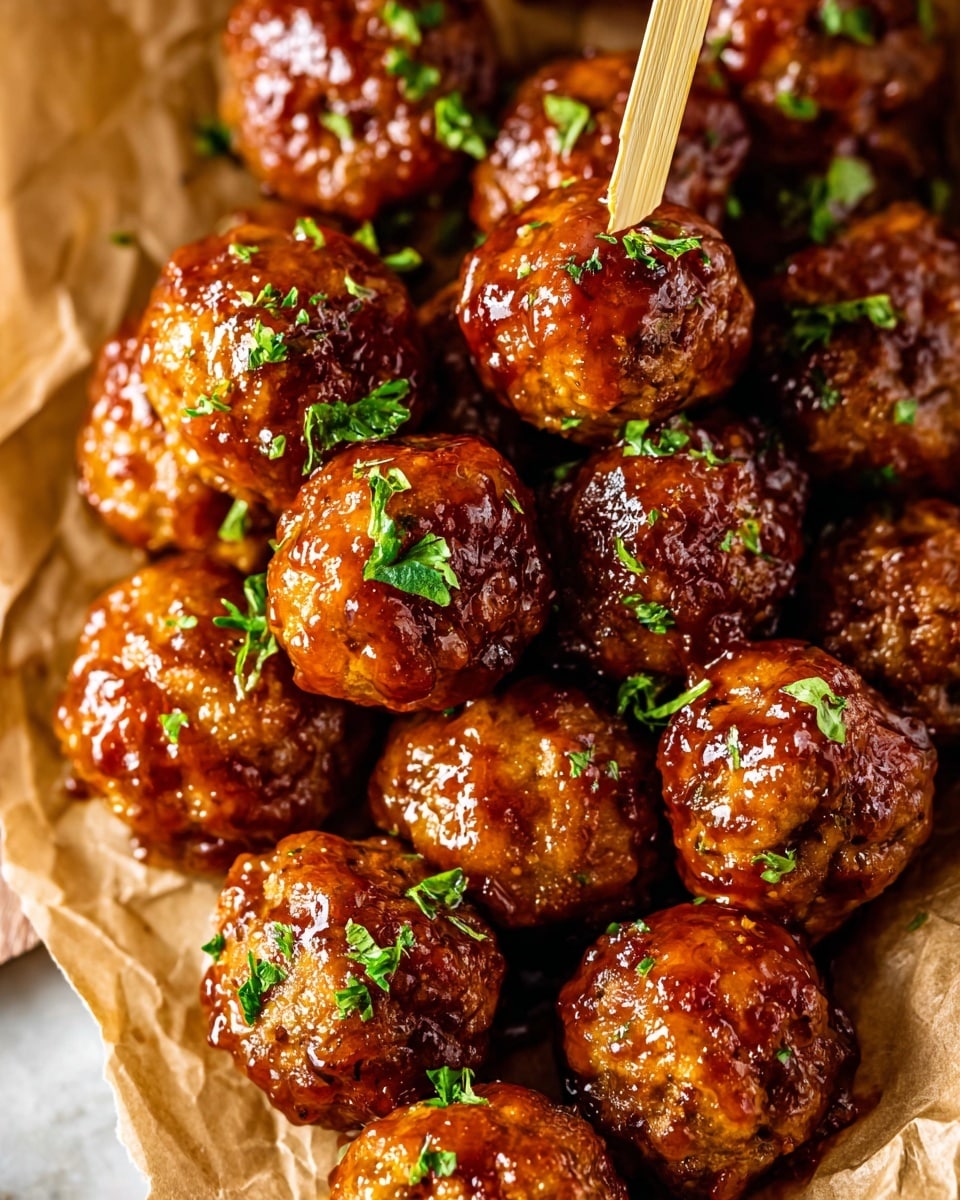 A close-up view of a pile of shiny, glazed meatballs on crinkled brown parchment paper, each meatball coated with a glossy, sticky reddish-brown sauce that catches the light, with small bits of green parsley sprinkled evenly over the top adding a fresh contrast. The meatballs have a slightly textured surface and are closely packed together with one meatball pierced by a light wooden pick. The scene is set against a white marbled texture, enhancing the warm and rich colors of the meatballs. photo taken with an iphone --ar 4:5 --v 7