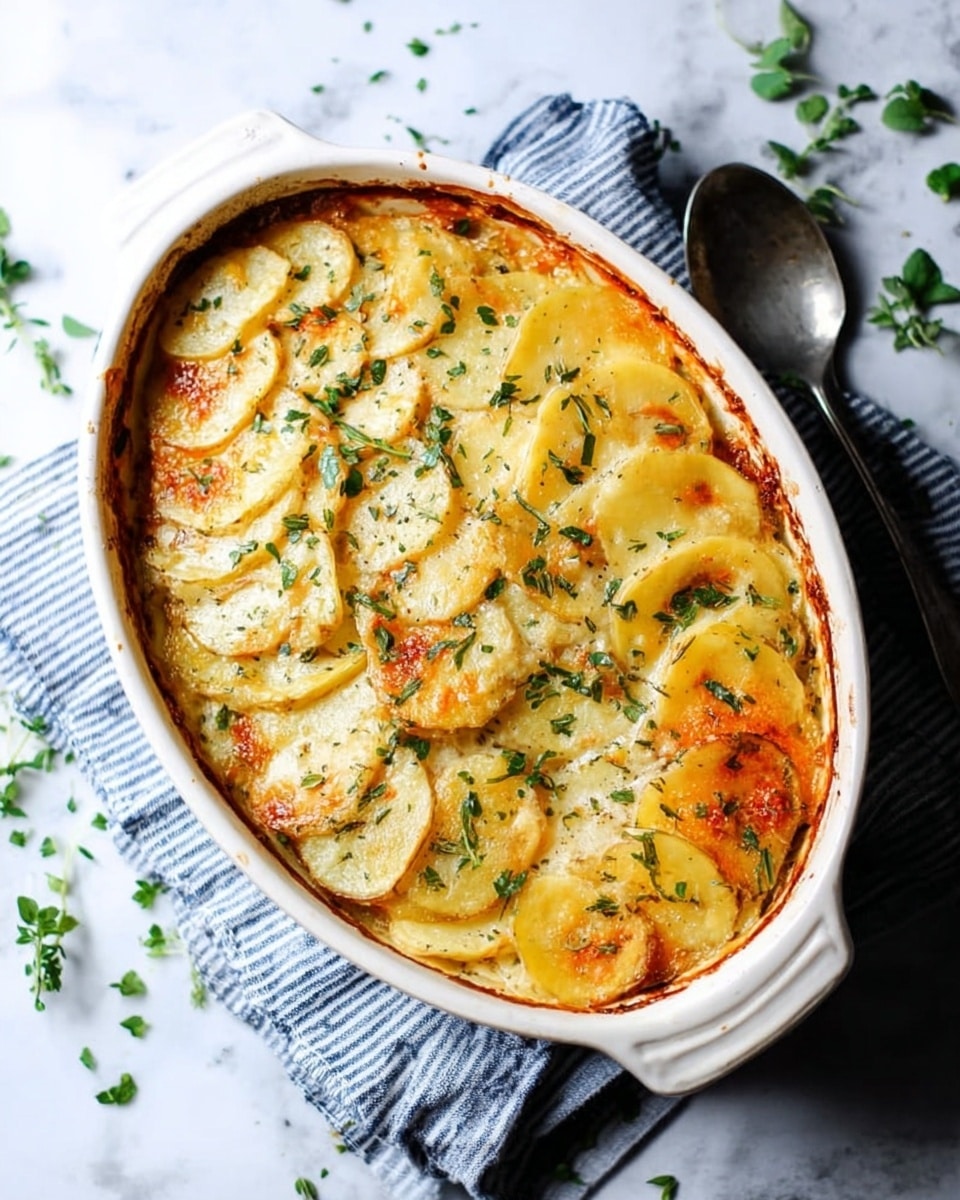 A white oval baking dish filled with multiple layers of thinly sliced potatoes, each layer golden yellow with hints of soft white from melted cheese. The top layer is arranged neatly in overlapping slices with a light brown baked crust in some spots. The dish is sprinkled with chopped fresh green herbs evenly across the surface. The dish sits on a striped cloth over a white marbled texture surface with a large silver spoon next to it and scattered green herb leaves around. photo taken with an iphone --ar 4:5 --v 7