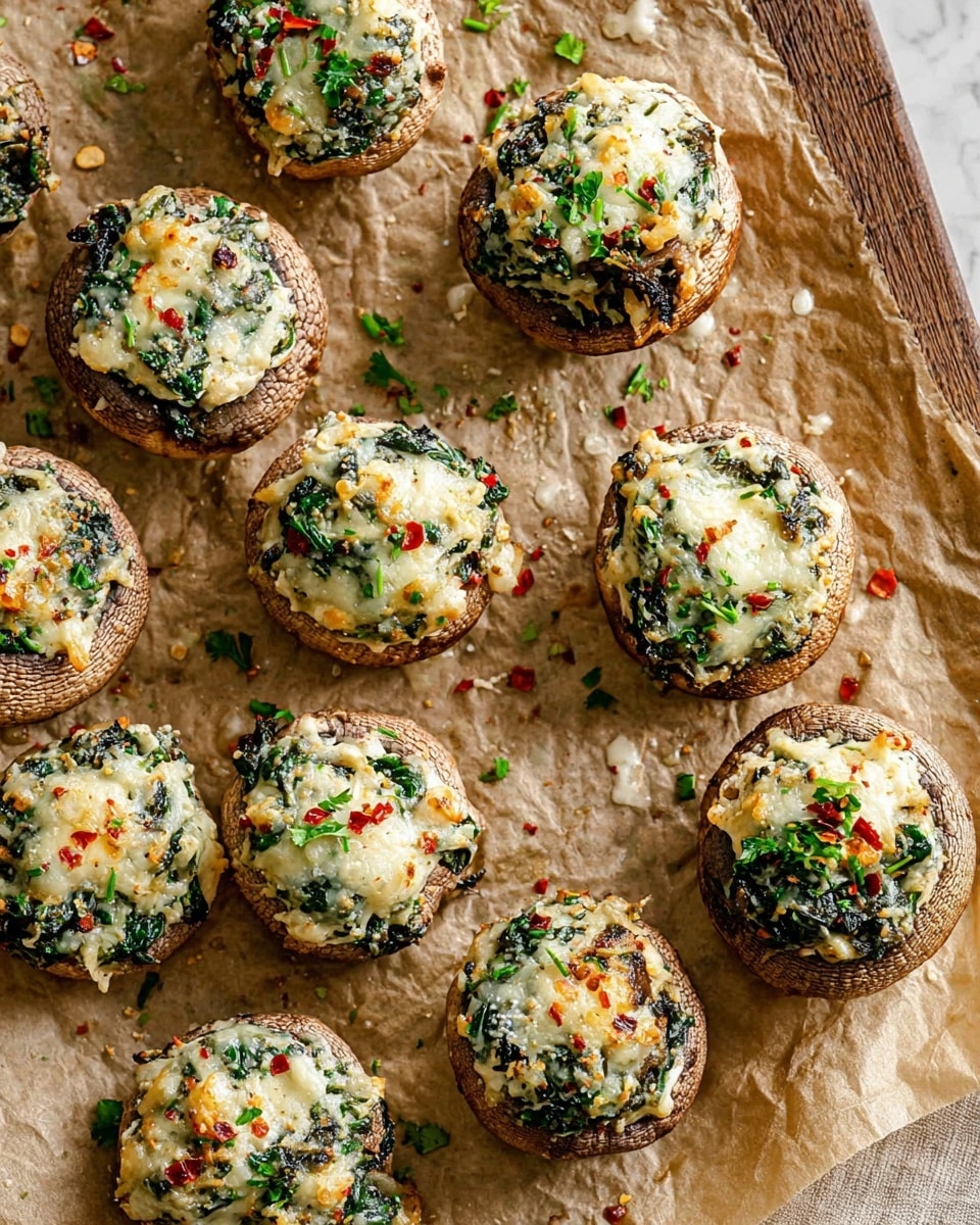 The image shows a tray of stuffed mushrooms on a wrinkled light brown parchment paper. Each mushroom has a round brown base with a slightly textured surface. They are topped with a layered mix of white melted cheese and finely chopped green leafy herbs or spinach. Small bits of red chili flakes and green herbs are sprinkled on top and around the mushrooms, adding color contrast. The mushrooms are arranged in a scattered pattern on the tray. The background is a white marbled texture. photo taken with an iphone --ar 4:5 --v 7