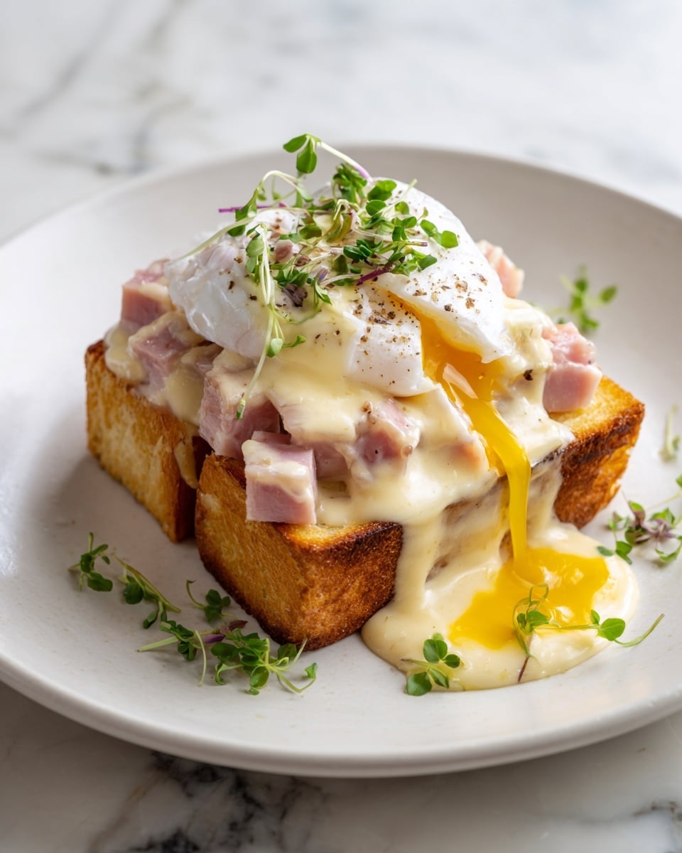 A close-up view of an open-faced toasted sandwich on a white plate with ridged edges, placed on a white marbled texture. The dish has three main layers visible: at the bottom, a thick, fluffy, golden-brown toasted bread slice; in the middle, a layer of pink ham pieces with melted light yellow cheese covering parts of it; on top, a perfectly cooked poached egg with a glistening white exterior, slightly cut open to let bright yellow yolk flow down the sides. The sandwich is generously topped with smooth, rich hollandaise sauce dripping around the edges, and small green parsley leaves scattered on top and around, adding a fresh touch. A silver fork rests near the edge of the plate. Photo taken with an iphone --ar 4:5 --v 7
