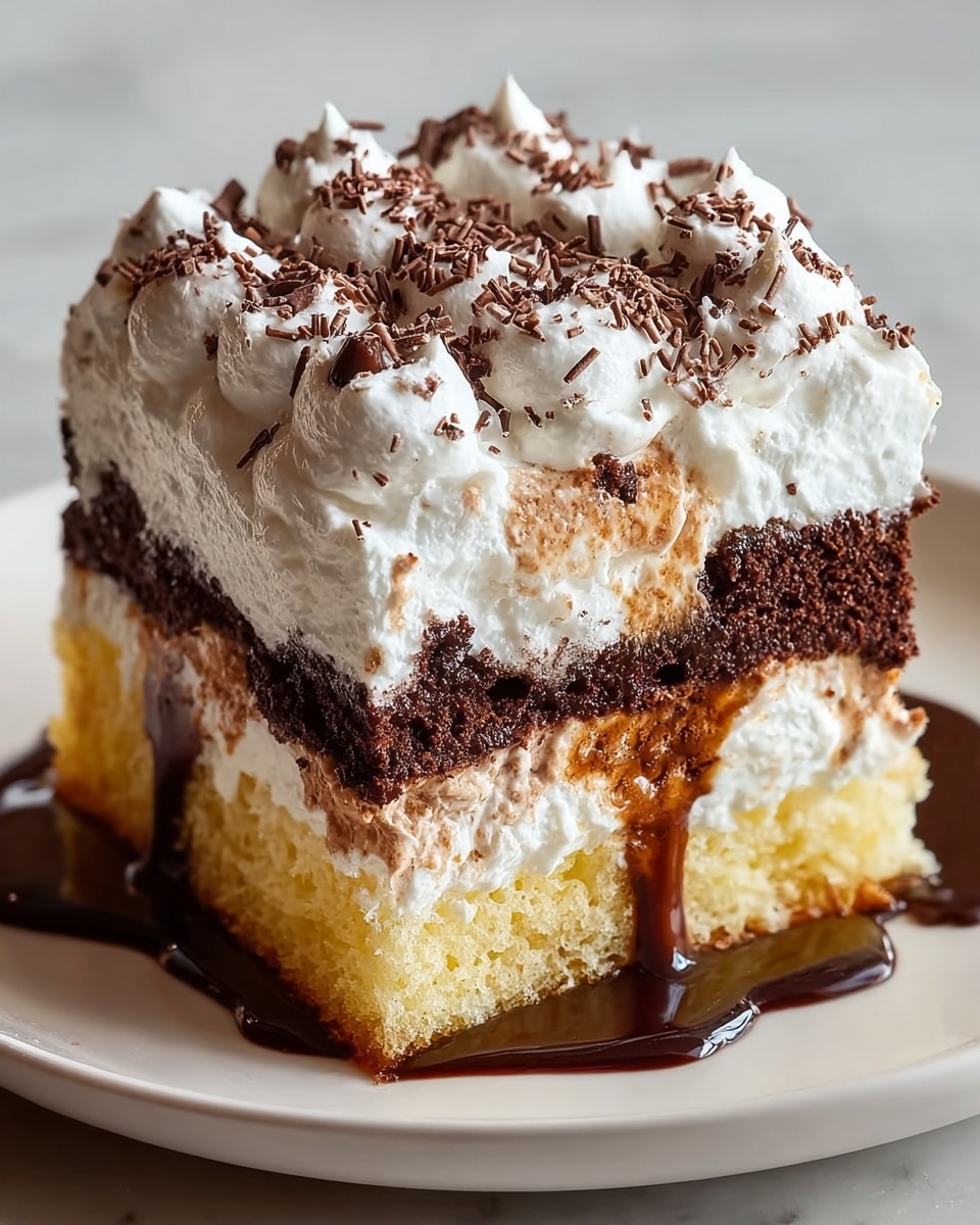 A square piece of cake with three distinct layers sits on a white plate against a white marbled texture. The bottom layer is a light golden yellow sponge cake with a soft and airy texture. Above that is a rich, dark chocolate brownie-like layer, dense and moist. The top layer is a thick, fluffy white whipped cream with textured peaks, sprinkled with fine chocolate shavings. Dark chocolate sauce drips down from the whipped cream and brownie layer, flowing onto the plate, creating a glossy contrast against the white plate and cake layers. photo taken with an iphone --ar 4:5 --v 7