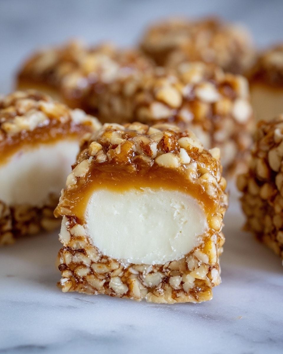 The image shows a close-up of a sliced candy bar with three clear layers. The inside layer is a thick, white, creamy center with a smooth texture. Surrounding this center is a caramel-colored layer that looks sticky and shiny. The outer layer is made up of chopped walnuts, which are unevenly distributed, covering the entire candy surface with rough, light brown nut pieces. The candy is placed on a white plate, with a white marbled texture background softly blurred. Photo taken with an iphone --ar 4:5 --v 7